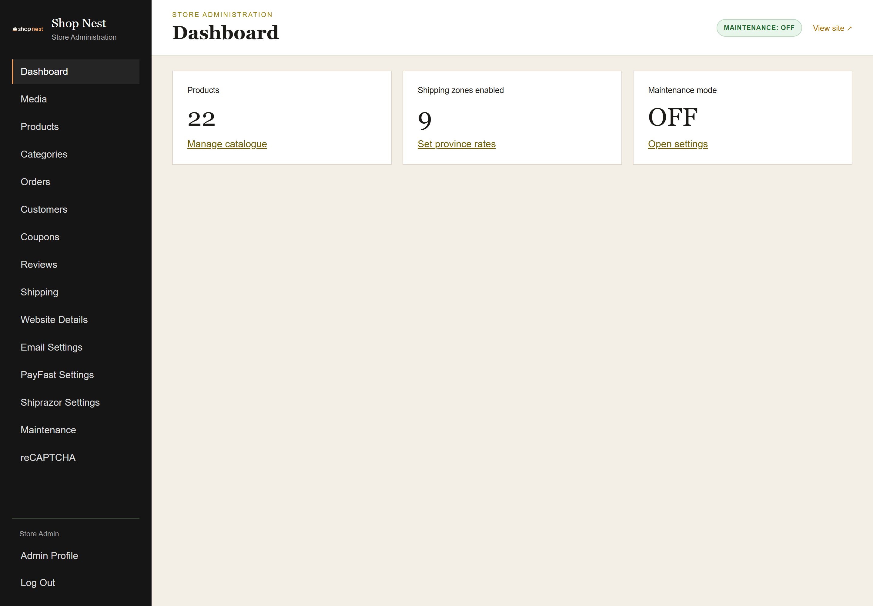 Shop Nest admin dashboard with sales, order and customer figures, recent orders and shortcuts to products, orders and settings.