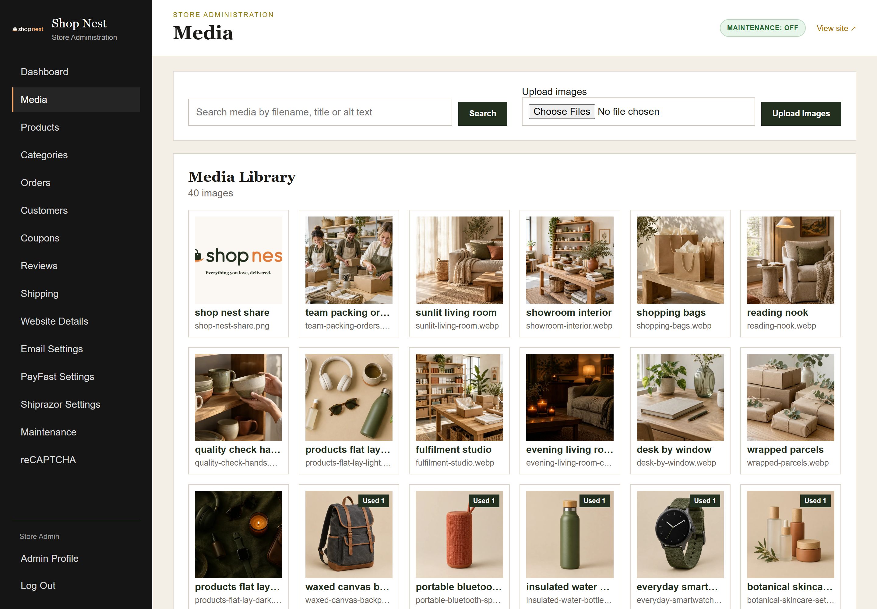 Admin Media library showing a grid of uploaded product images with an upload button and options to view and delete each file.