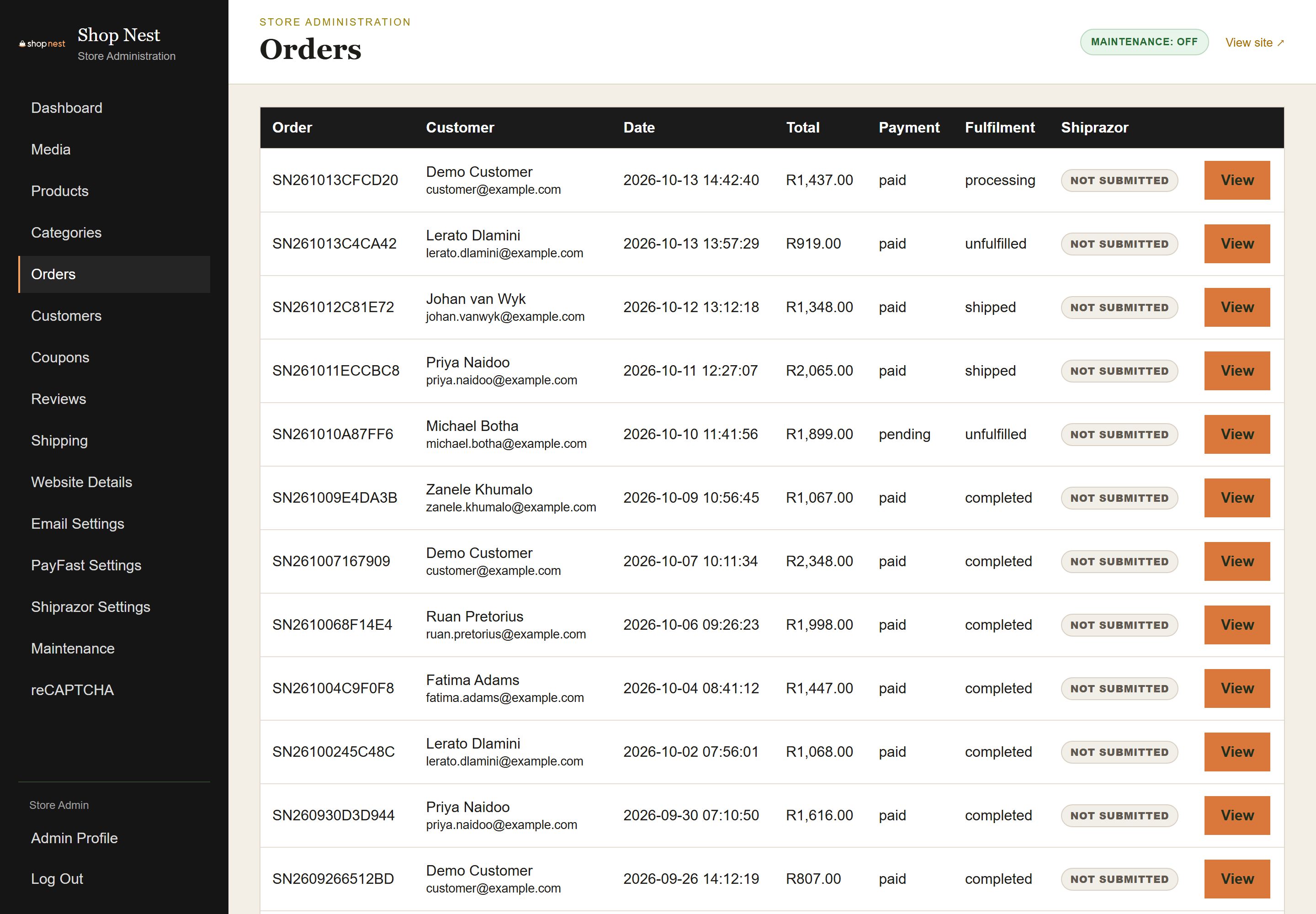 Admin Orders list with status filters and a table of orders showing order number, customer, date, payment status, fulfilment status and total.