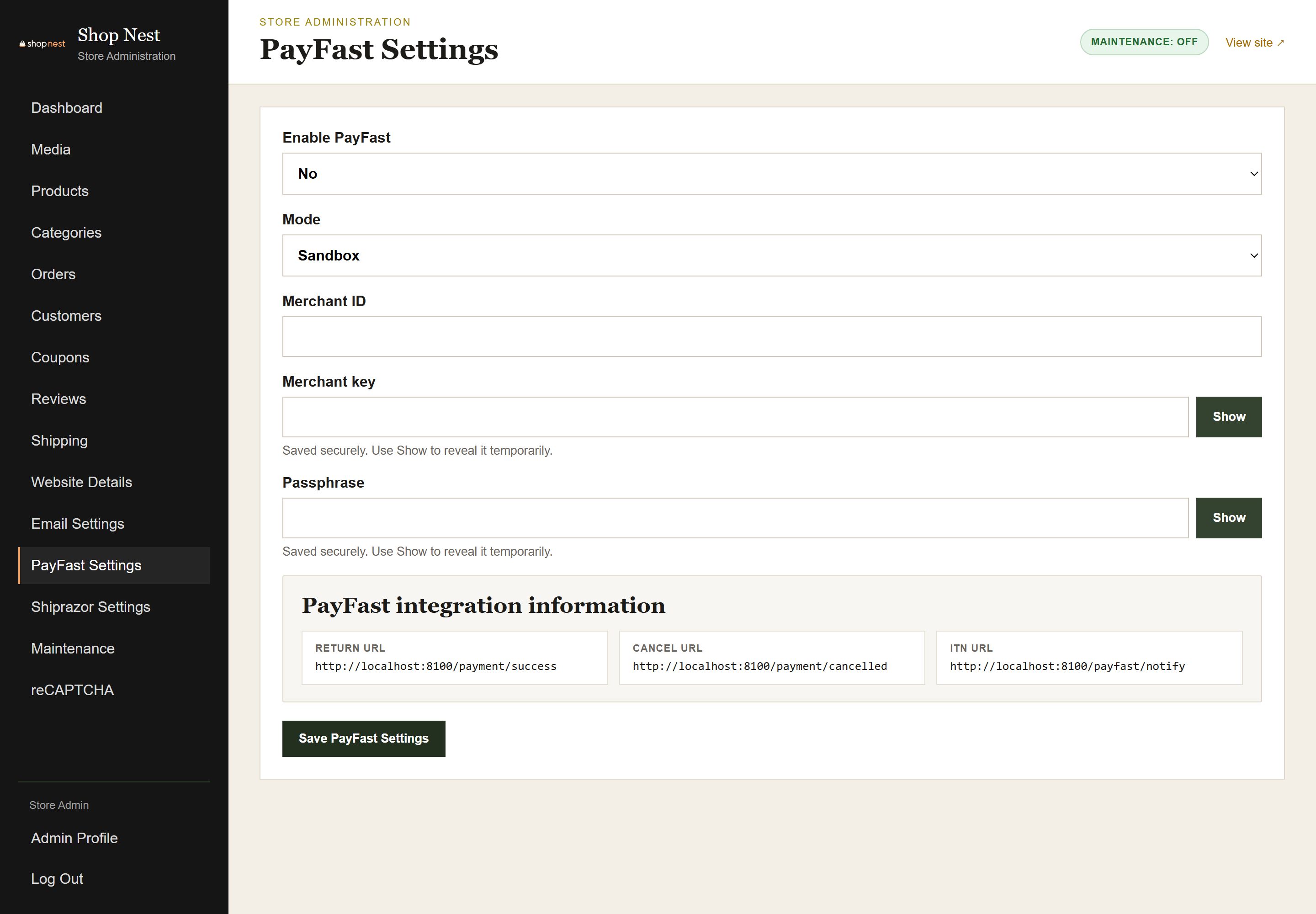 Admin PayFast settings page with merchant details, a sandbox and live mode switch and a Save button.