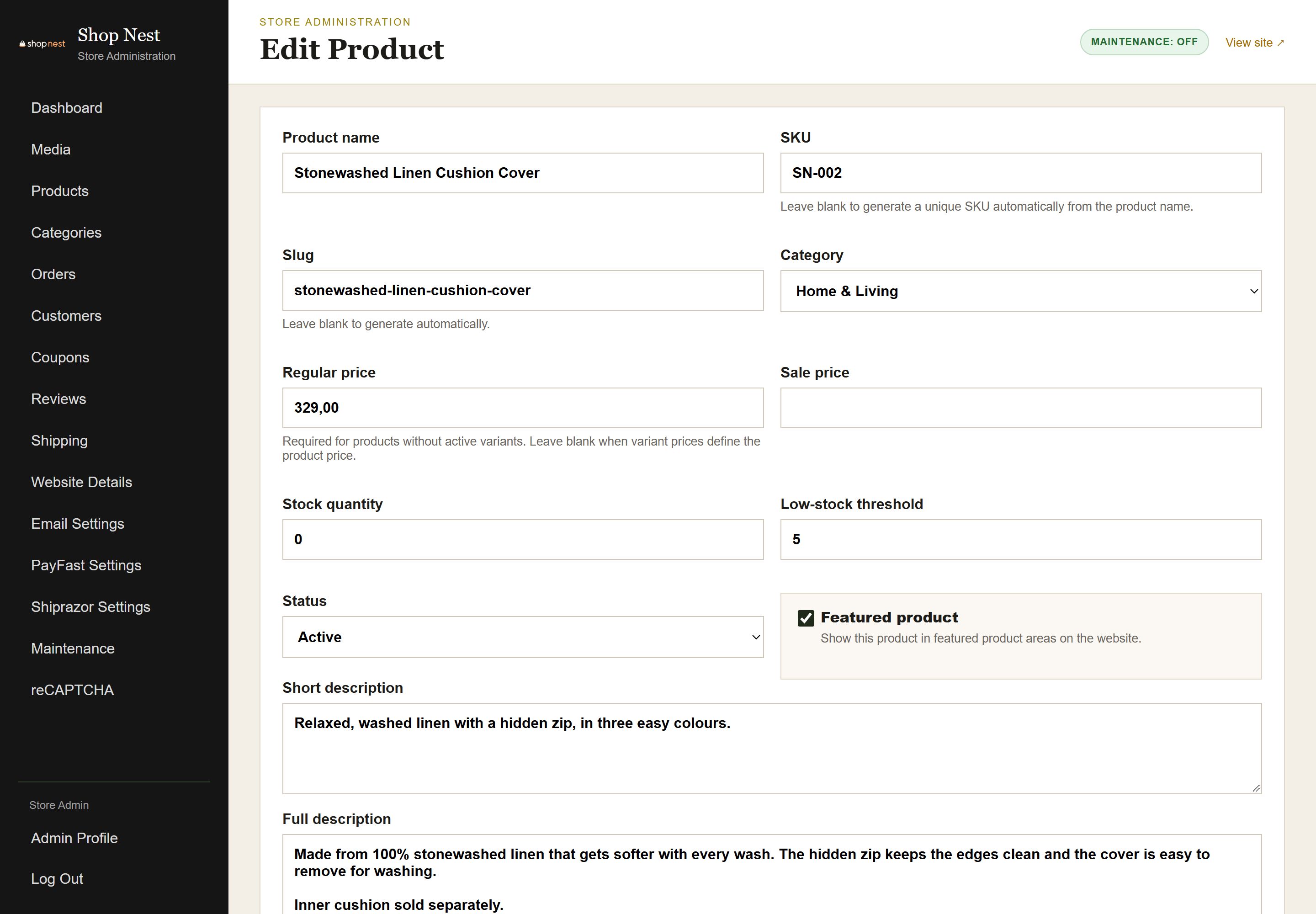 Admin product editor with fields for product images, prices, stock and variants such as colour and size options, and a Save button.