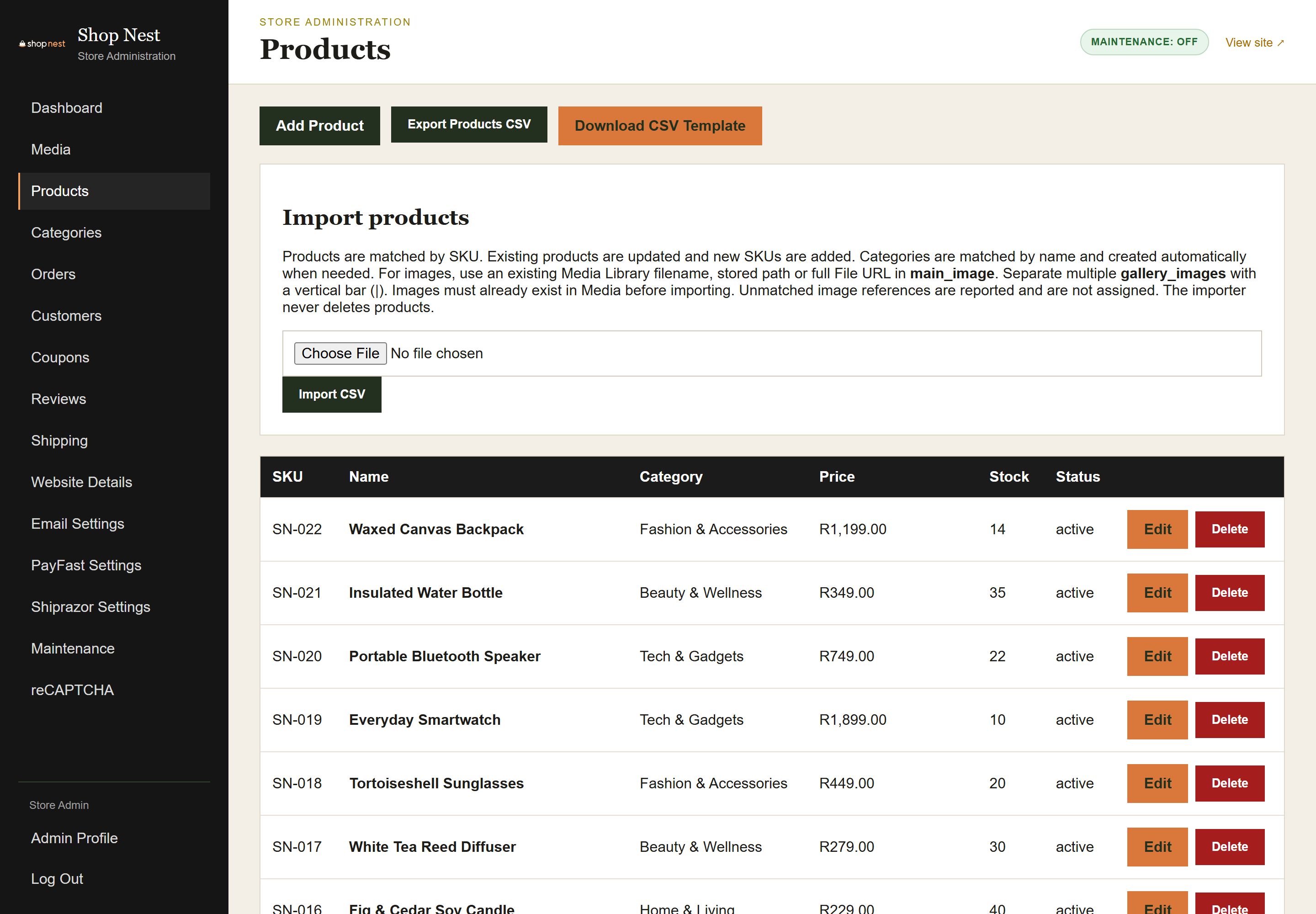 Admin Products list with search and filters, product thumbnails, prices, stock levels, status badges and an Add Product button.