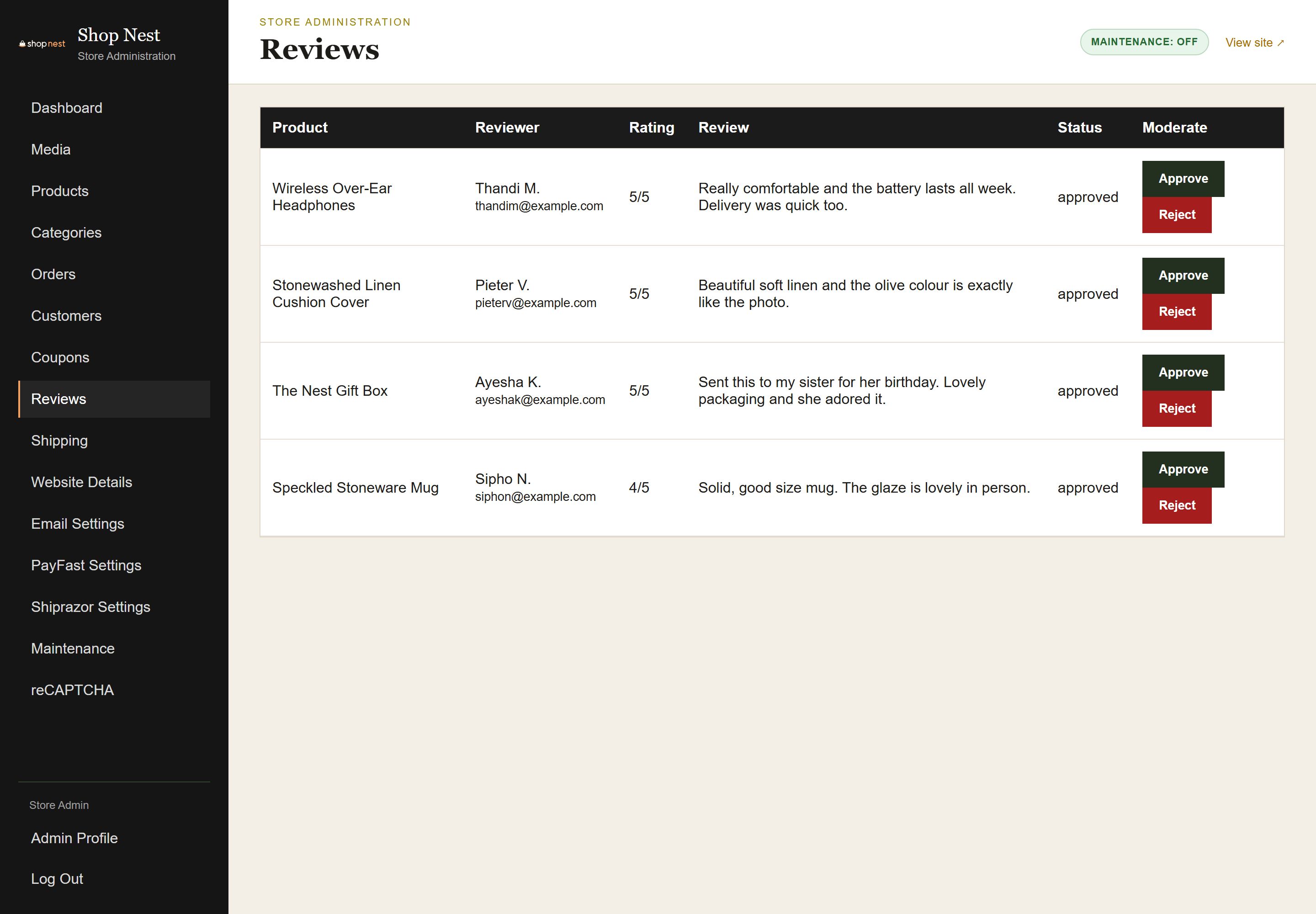 Admin Reviews page listing product reviews with star ratings, reviewer names and comments, and Approve and Delete actions for moderation.