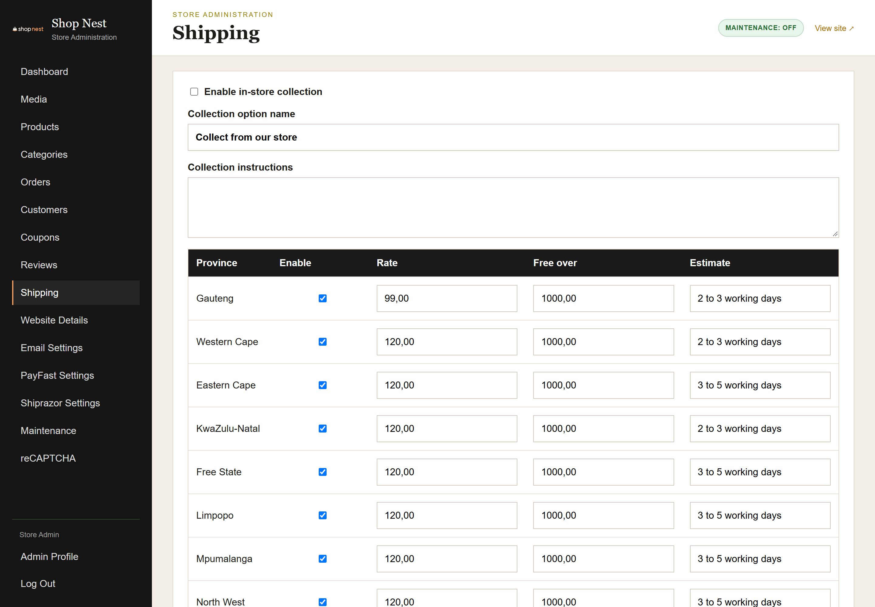 Admin Shipping settings with a delivery rate for each province, a free delivery threshold and a store collection option.