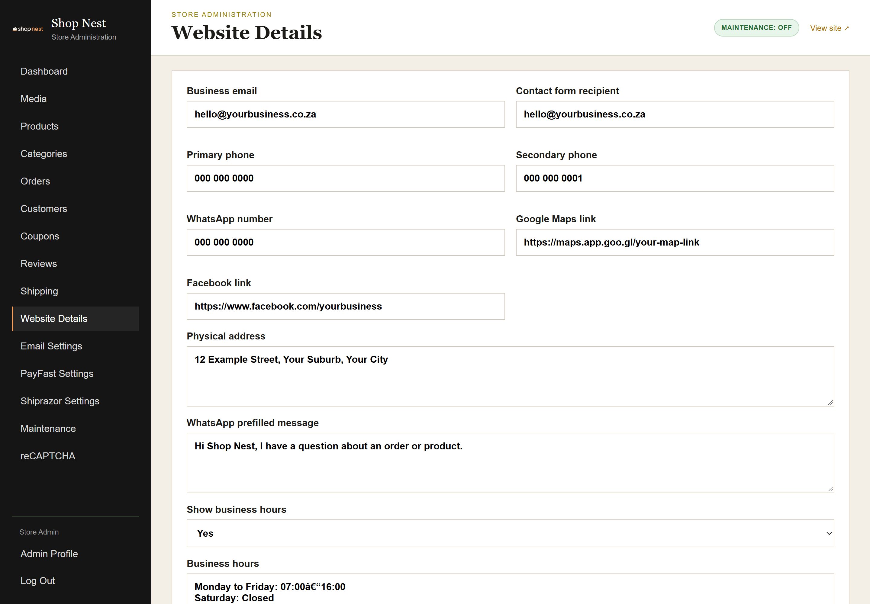 Admin Website settings page with store name, contact email, phone number and WhatsApp number fields.