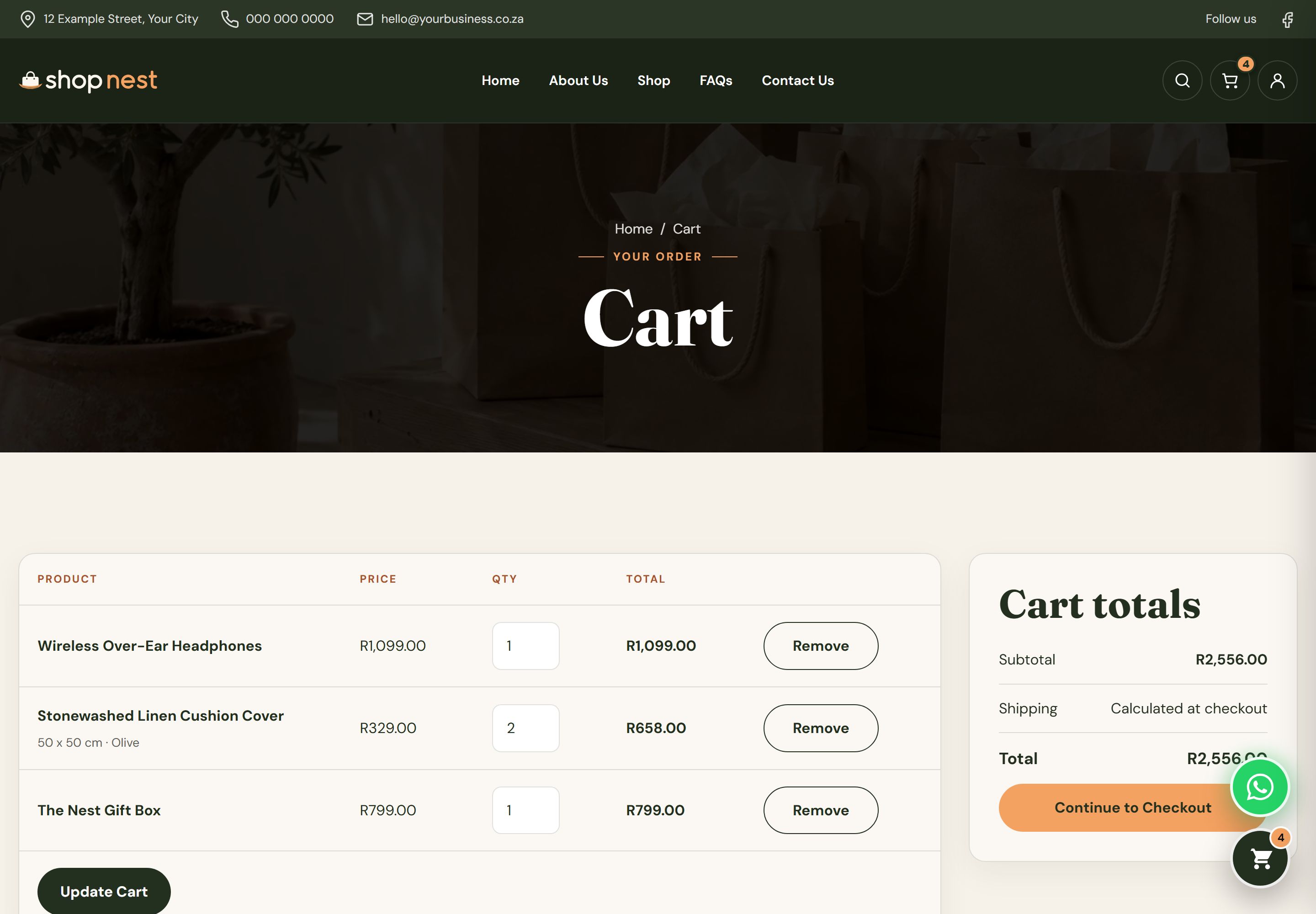 Cart page with a table of products, quantity selectors, line totals and an order totals panel with a proceed to checkout button.