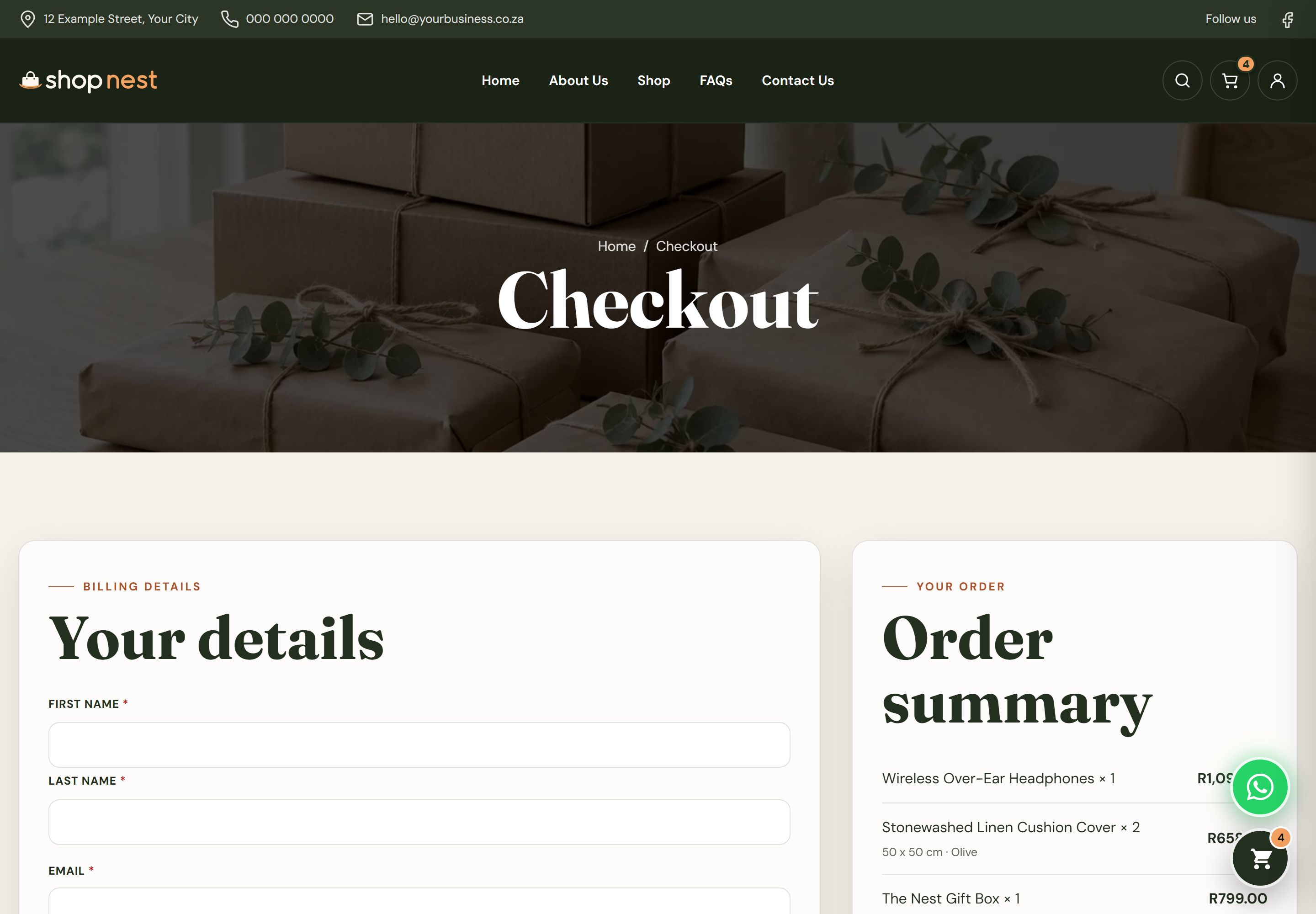 Secure checkout page with delivery details, delivery rates by province, a coupon code field, the order summary and a PayFast payment option.