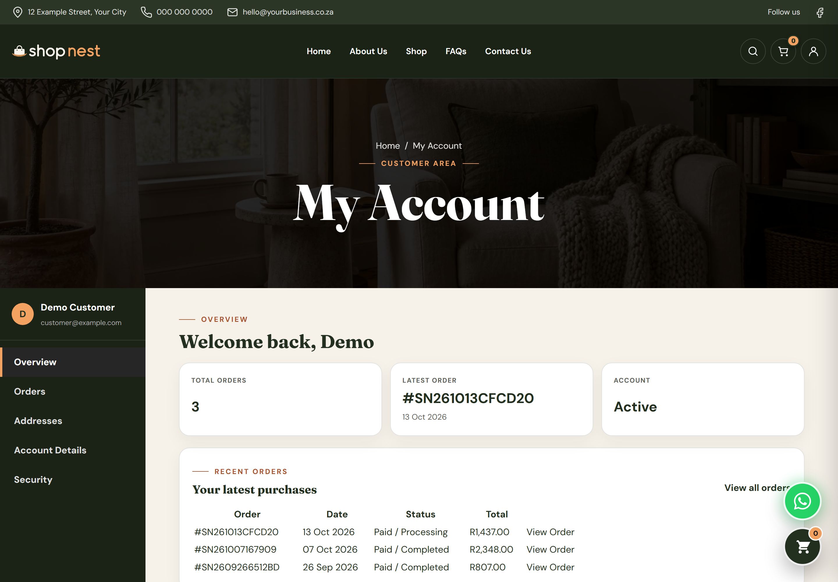 Customer account overview with a welcome message, links to orders, addresses and account details, and a summary of recent activity.