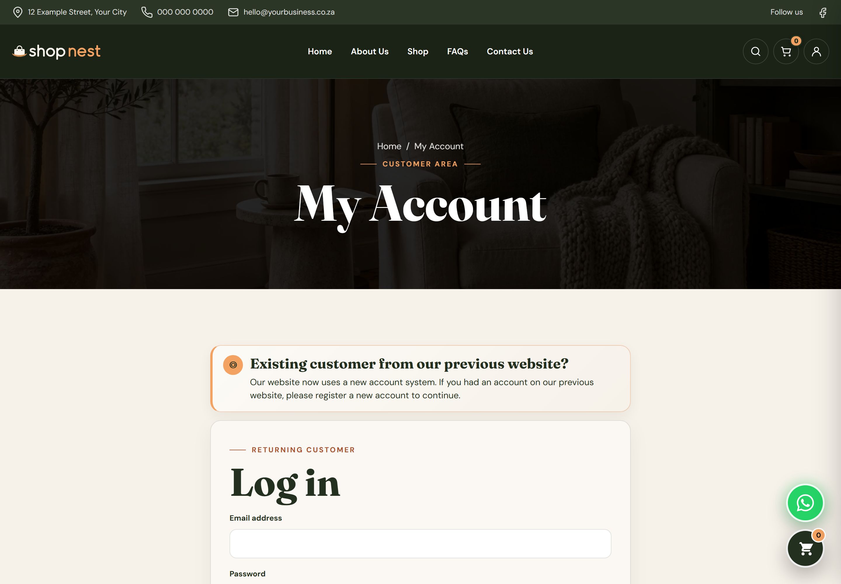 Customer account page with a switch between Login and Register, email and password fields and a submit button.