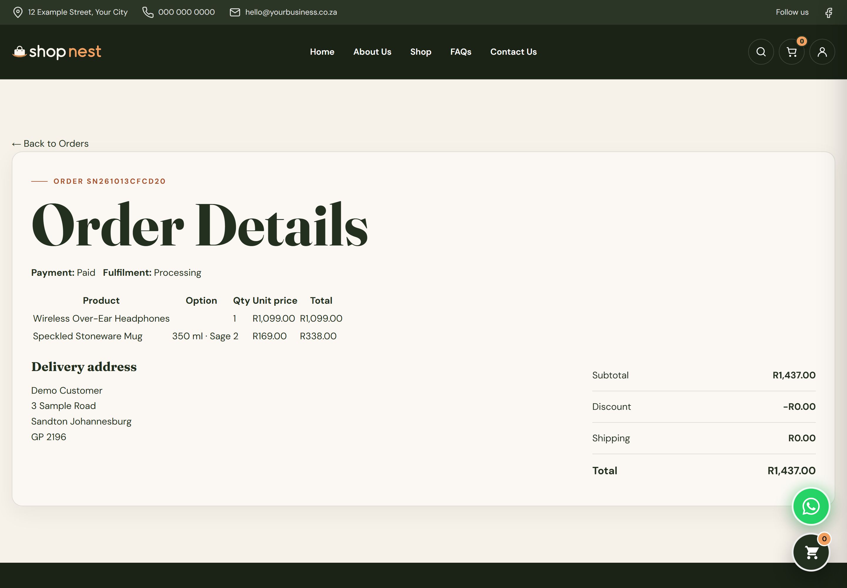 Customer order detail page showing the items ordered, delivery address, order status and the order totals.