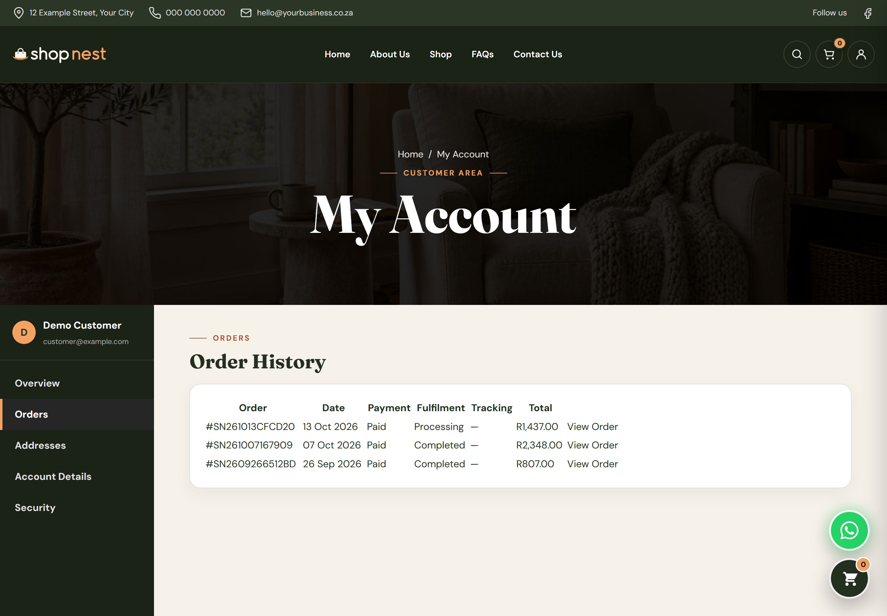 Customer order history list showing order numbers, dates, status and totals with a view button on each row.