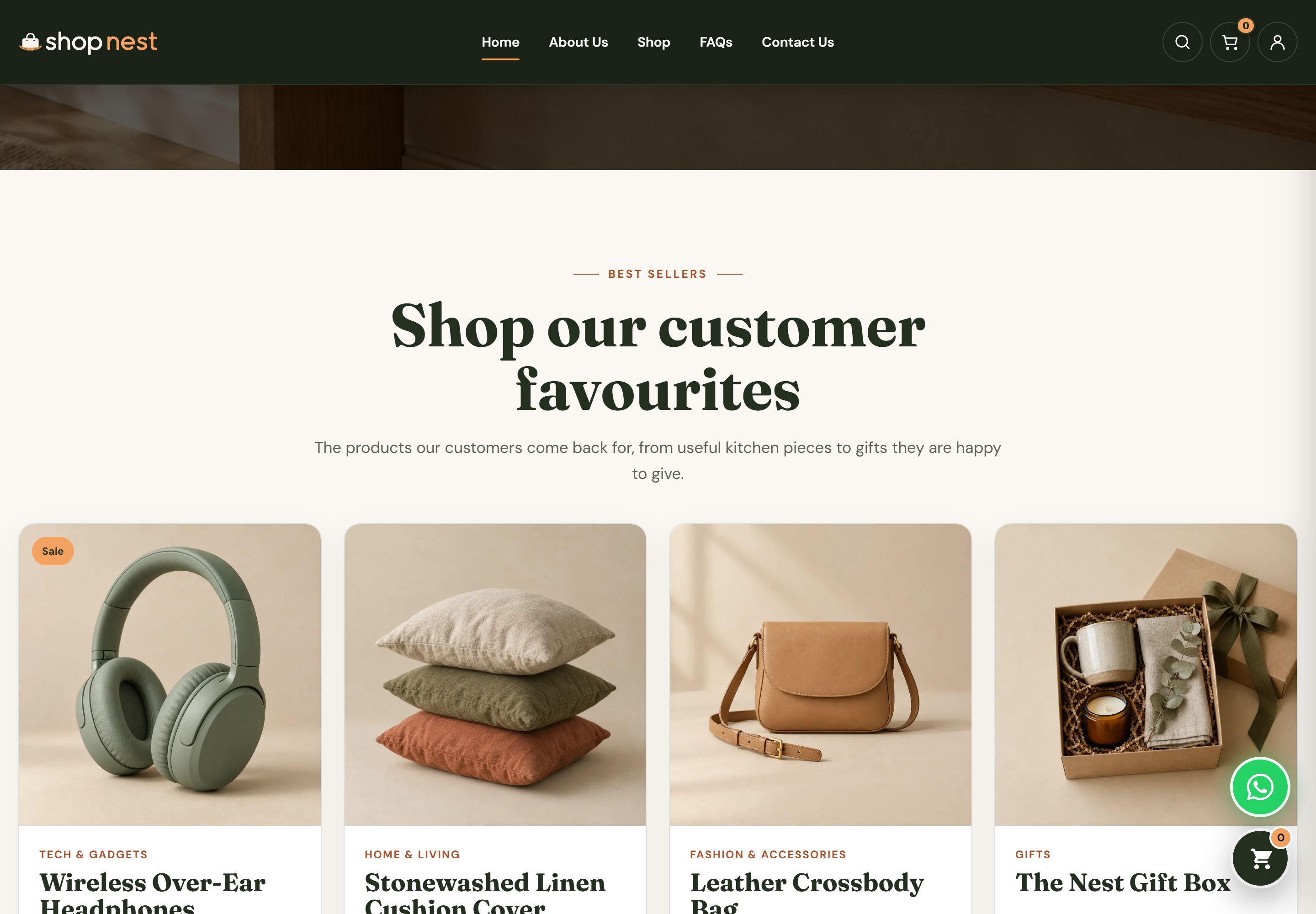 Shop Nest home page best sellers row with product cards for wireless headphones, a linen cushion cover, a leather crossbody bag and a gift box, each with an Add to Cart or Choose Options button.