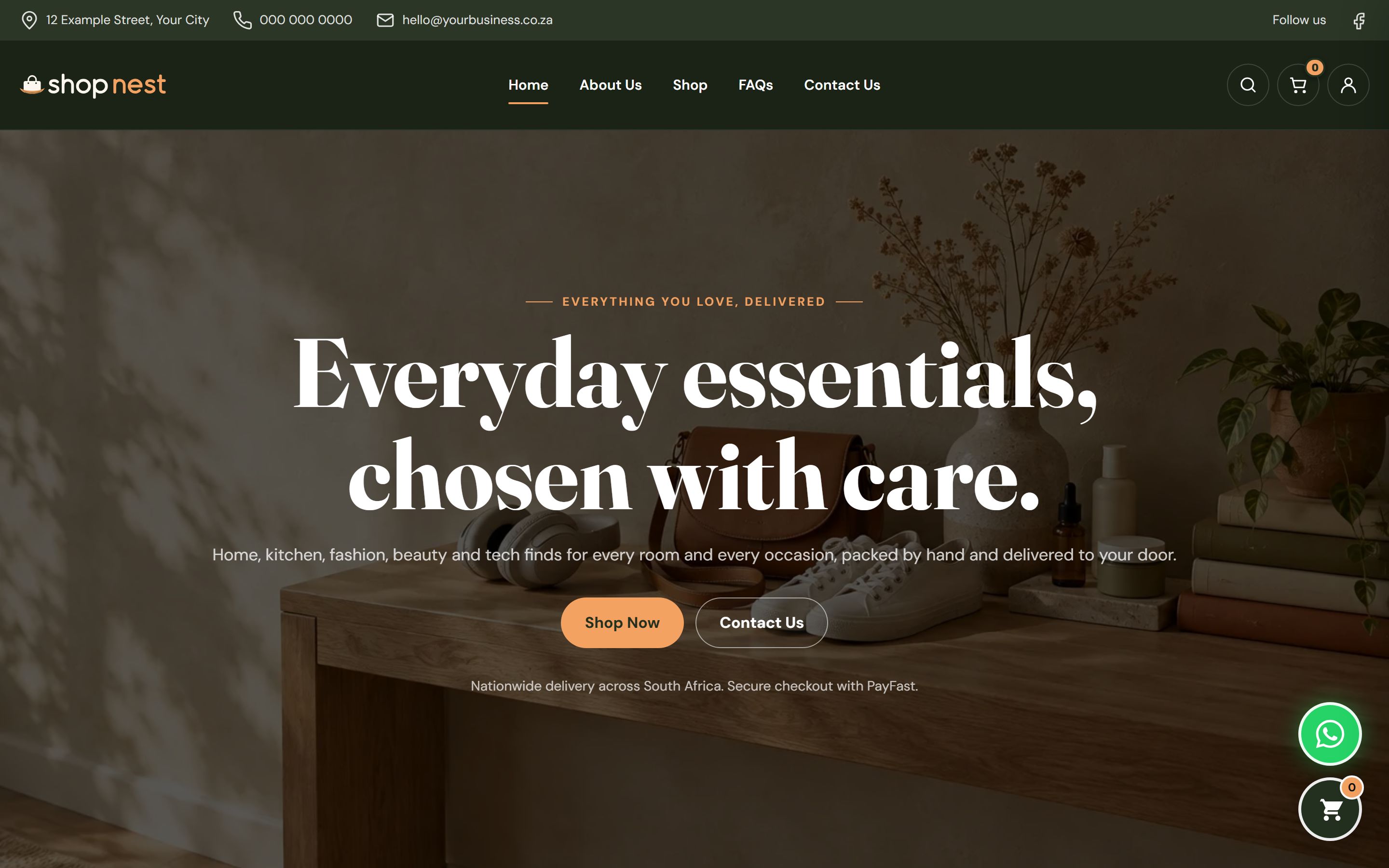 Shop Nest home page in olive and apricot branding with the headline "Everyday essentials, chosen with care." and Shop Now and Contact Us buttons.