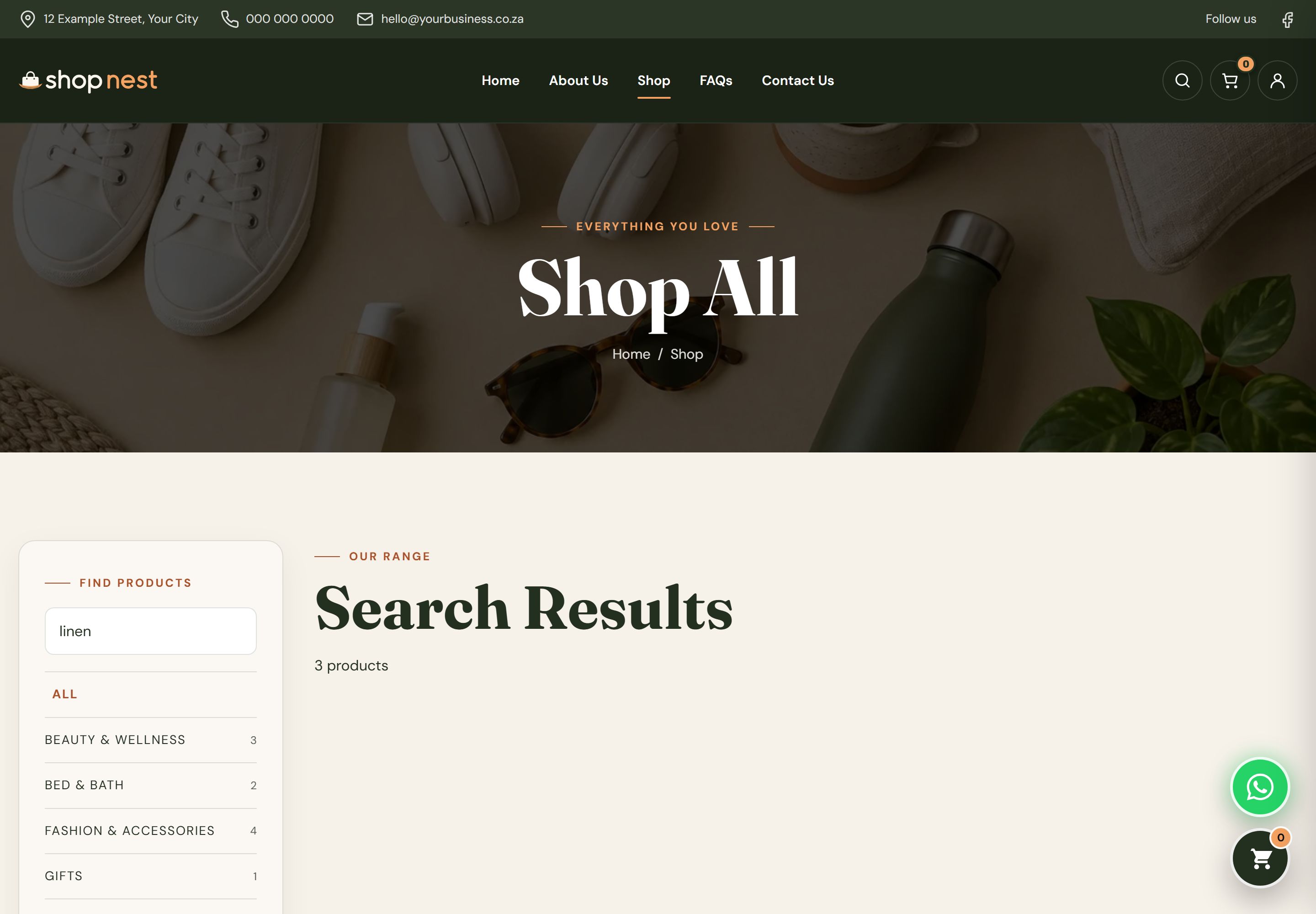 Shop page showing the search results for "linen", with the category sidebar and matching linen products.