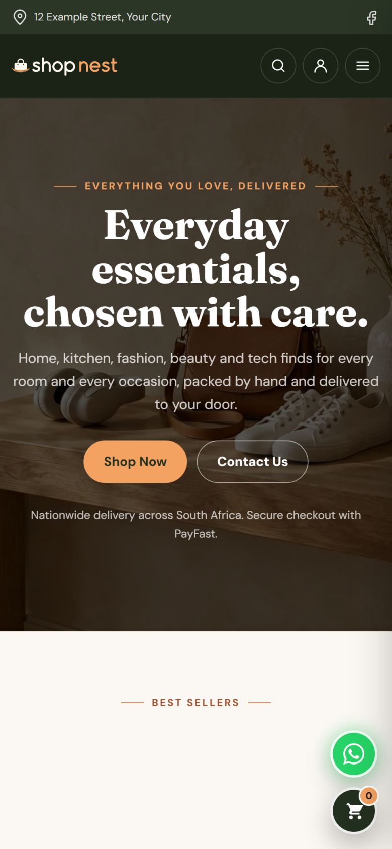 The Shop Nest home page on a phone with the headline "Everyday essentials, chosen with care." and Shop Now and Contact Us buttons.