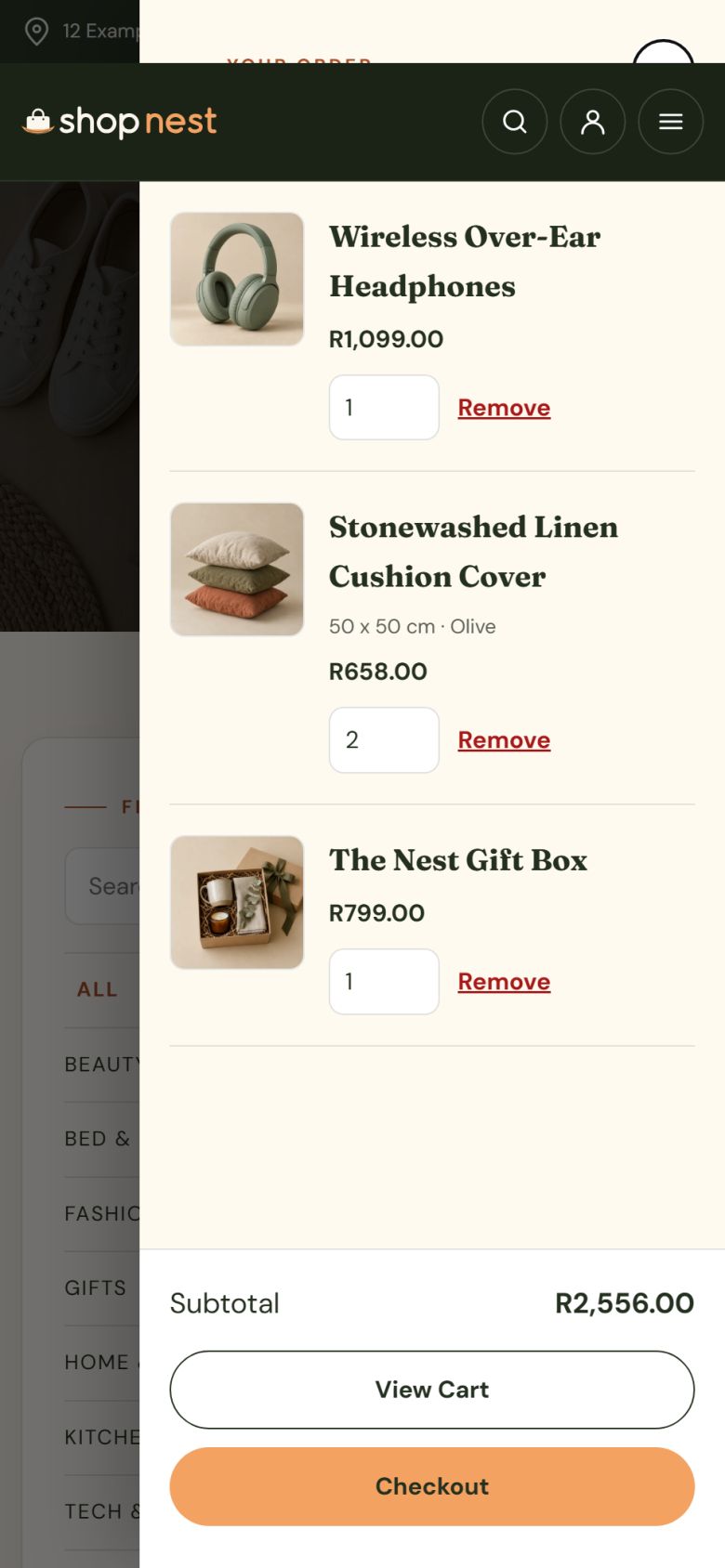 The slide-out cart drawer on a phone showing the items in the cart and a Checkout button.