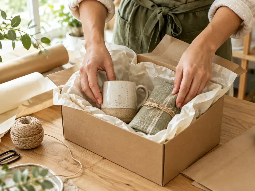 Hands packing a customer order into a kraft box with tissue paper