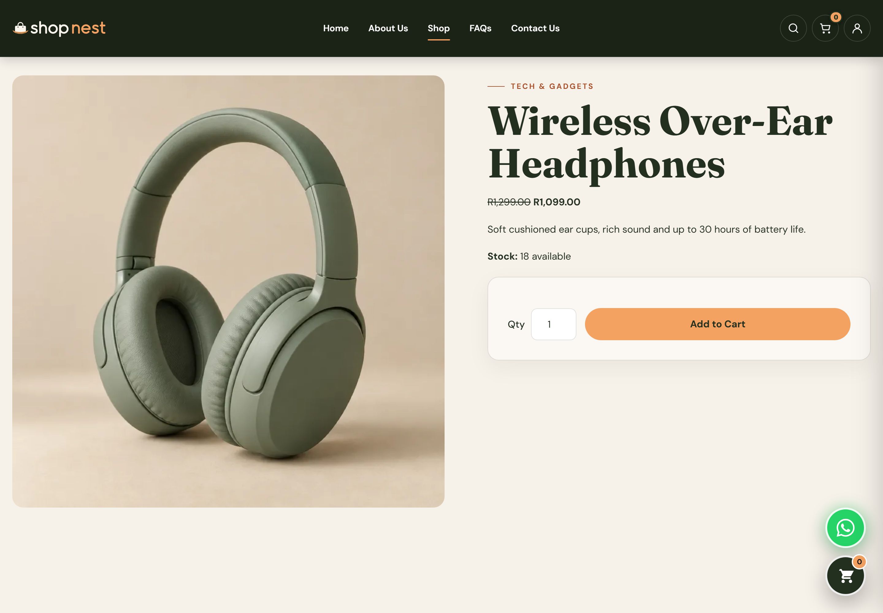 Product page for Wireless Over-Ear Headphones showing an image gallery, the sale price beside the original price, an Add to Cart button and description tabs below.
