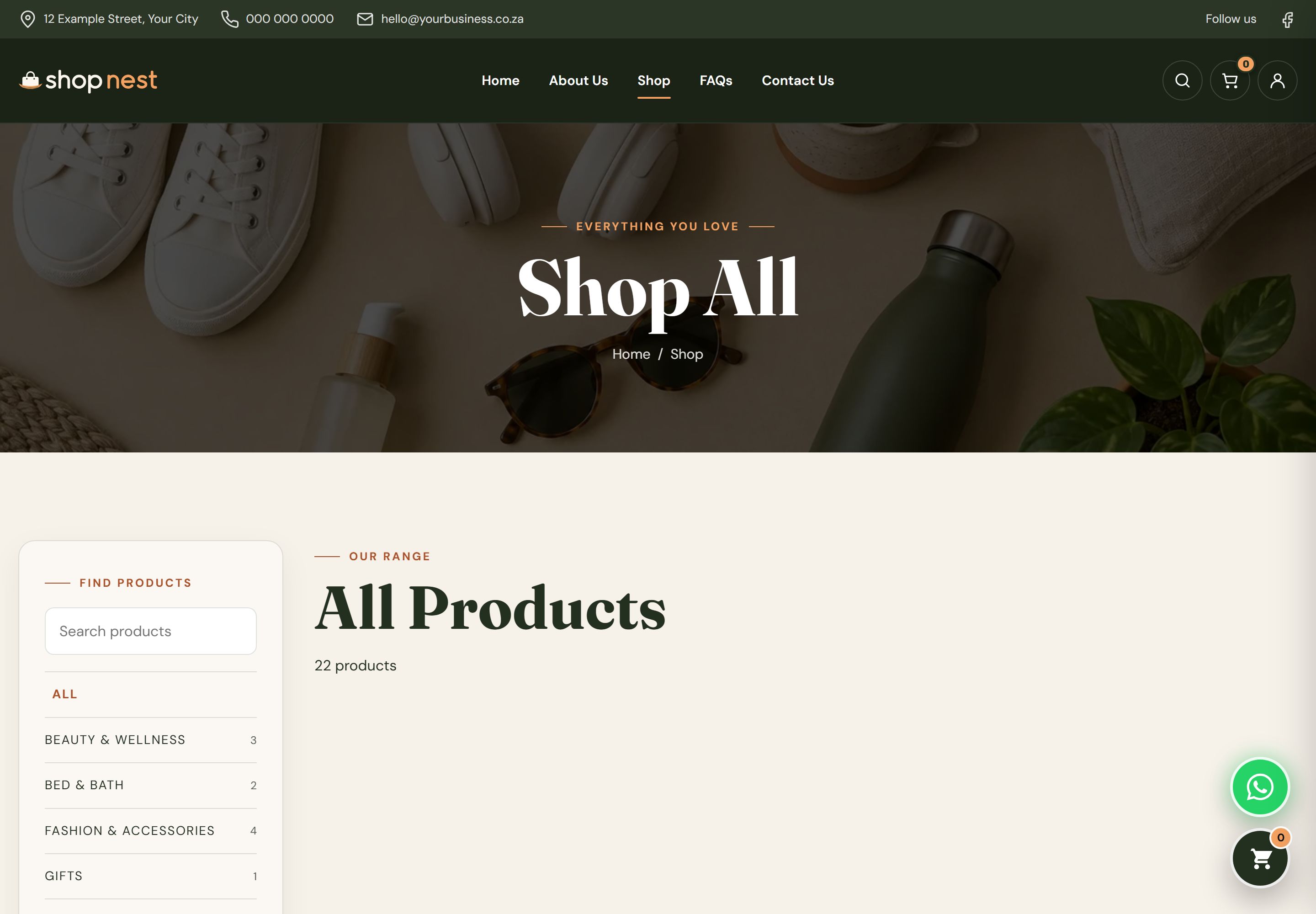 Shop All page with a category sidebar beside a grid of 22 products, each with a photograph, name, price and Add to Cart or Choose Options button.