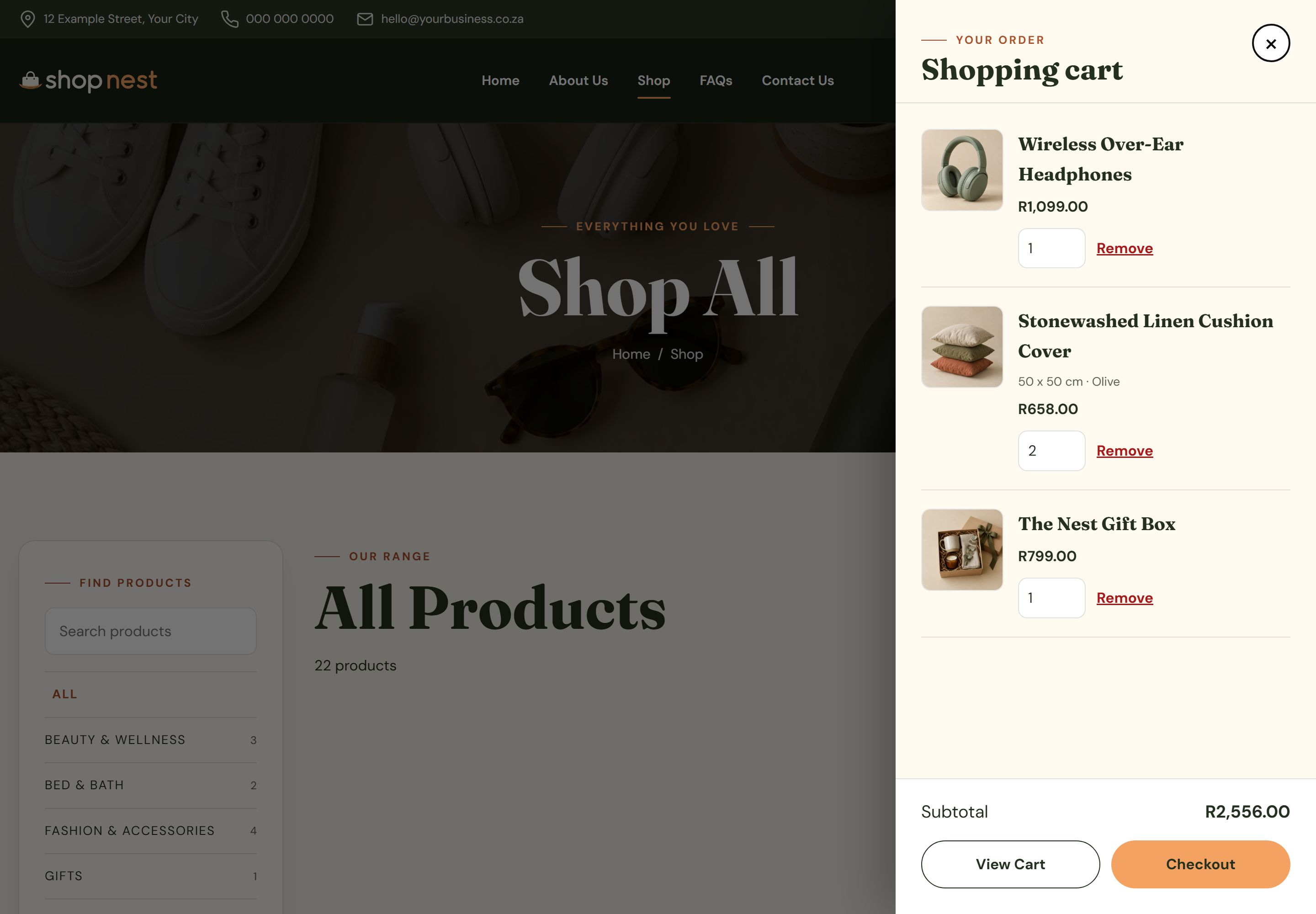 Slide-out cart drawer over the shop showing three items with quantities and prices, a subtotal and a Checkout button.