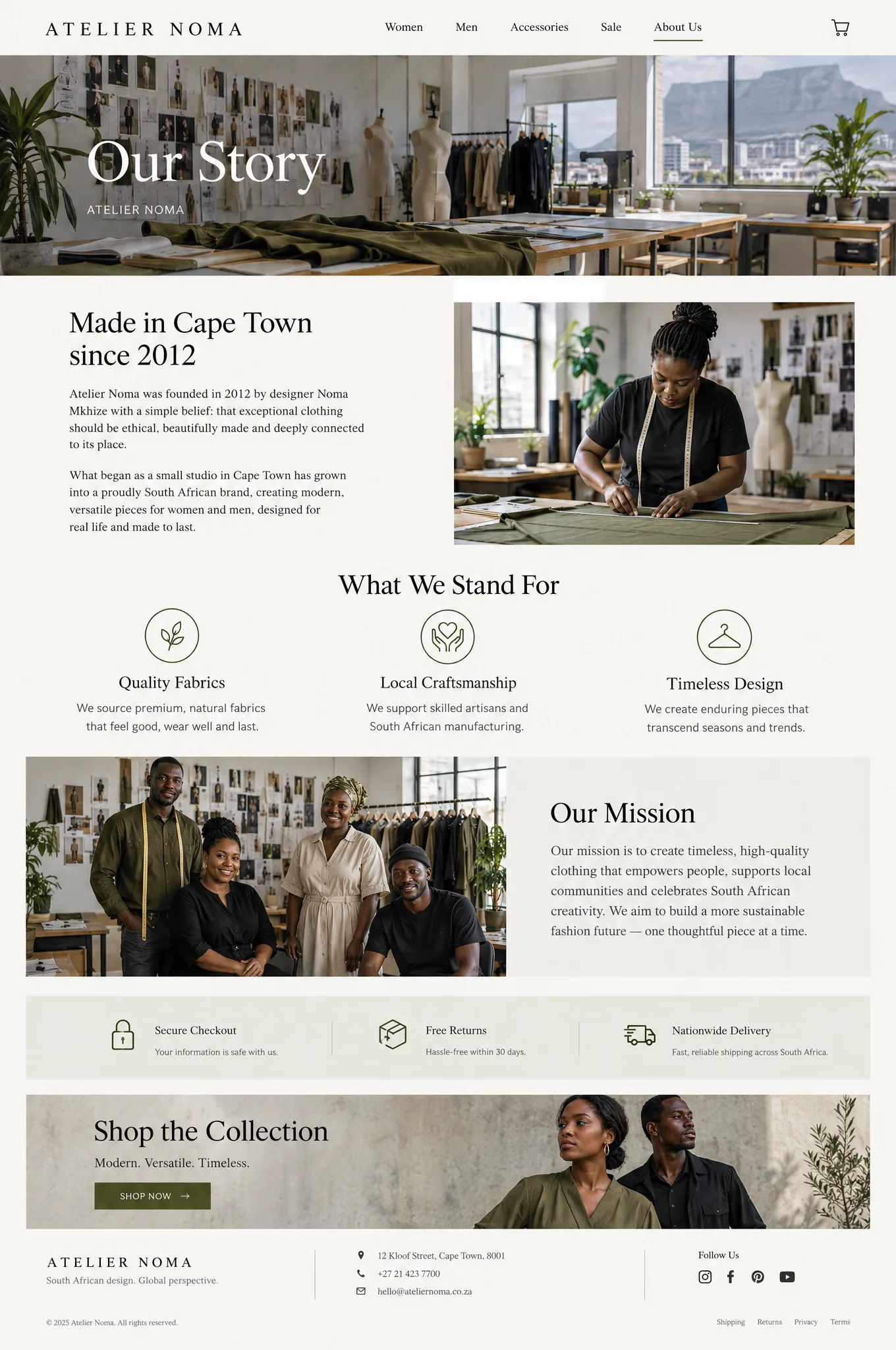 Example About Us page for a clothing brand, with a studio banner, the brand story, a designer at a cutting table, values, a team photo and a mission statement