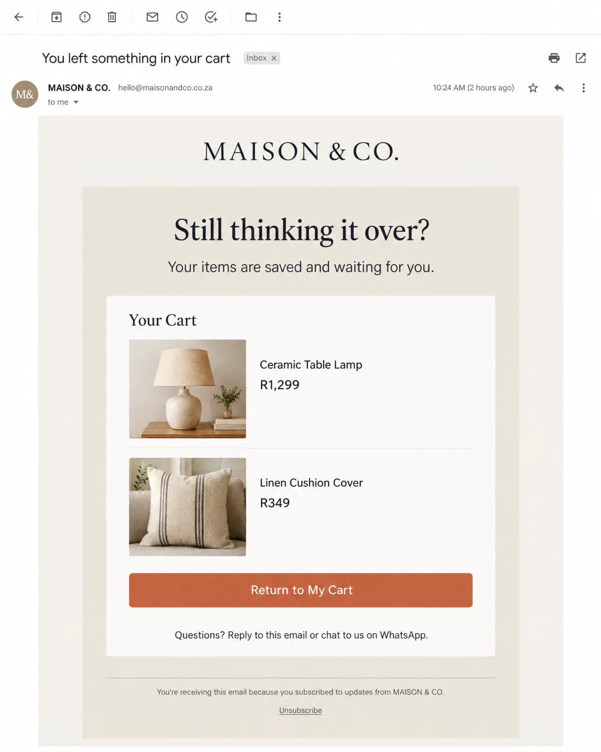 Example abandoned-cart reminder email headed Still thinking it over, showing the saved items with rand prices and a Return to My Cart button