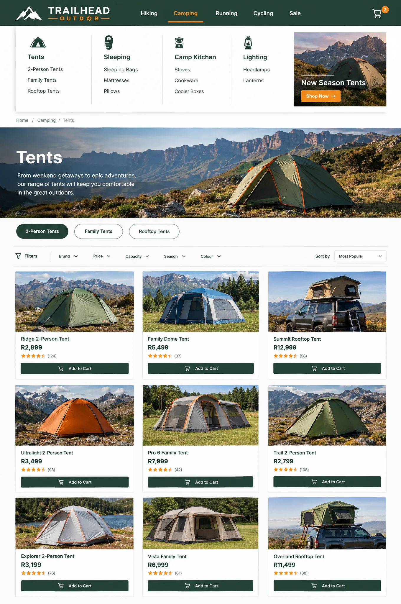 Example category page for an outdoor store, with an open mega menu of camping subcategories, a breadcrumb, a Tents category banner, subcategory chips and a grid of tents with rand prices