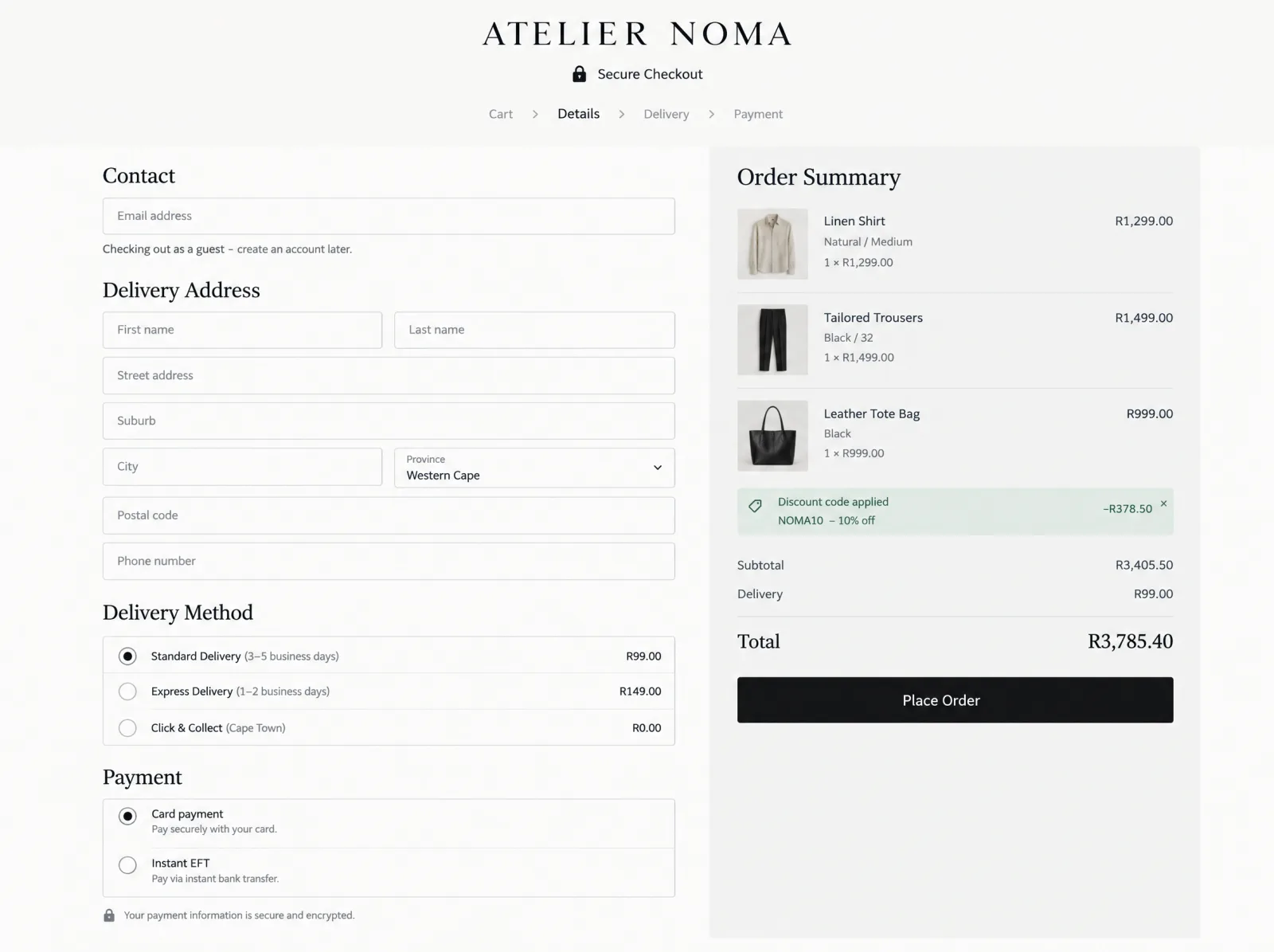 Example checkout page with a secure checkout label, guest checkout note, delivery address fields, delivery methods with rand prices, payment options and an order summary with a Place Order button