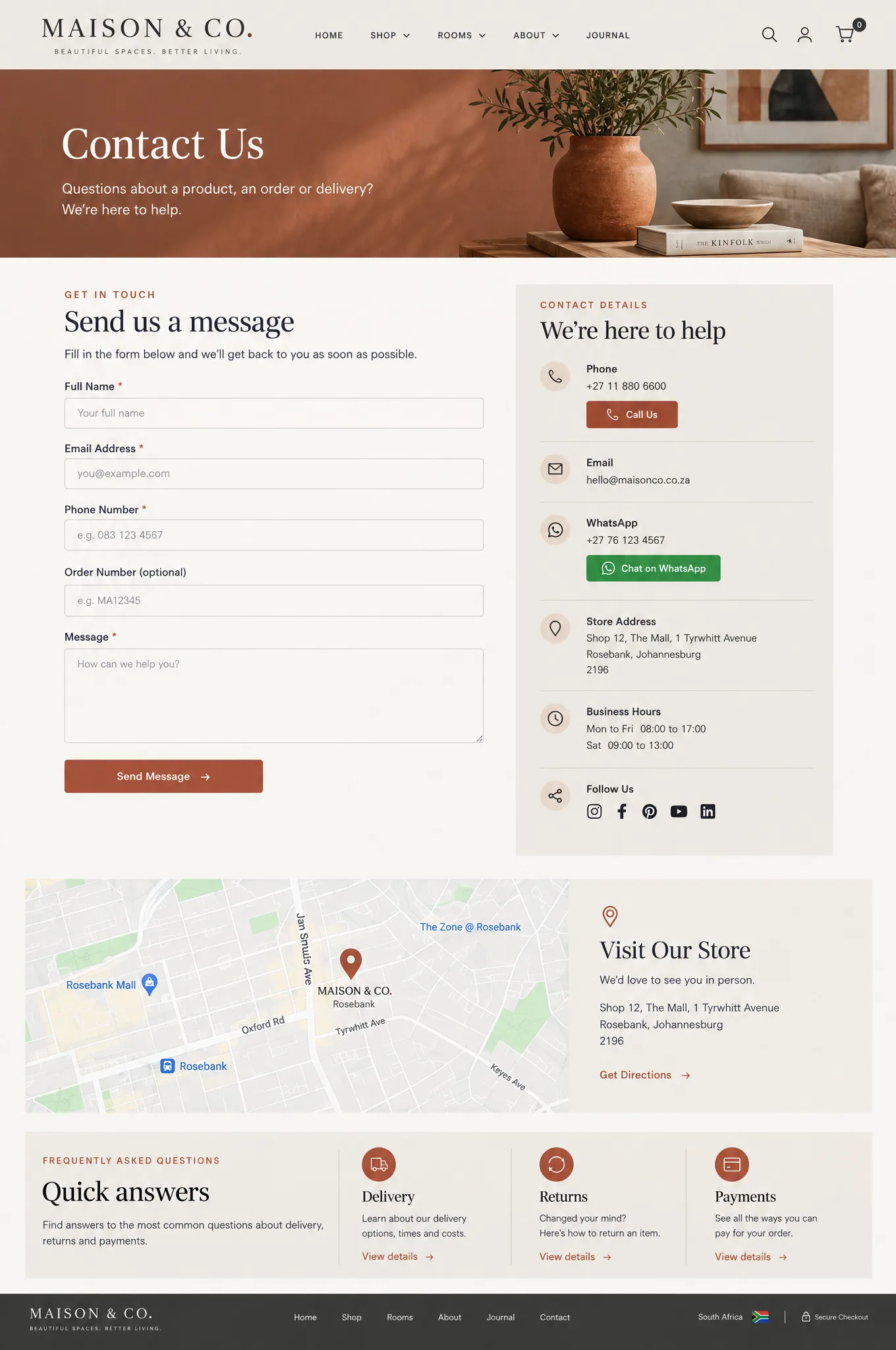 Example Contact Us page for a homeware store, with an enquiry form, call and WhatsApp buttons, email, store address, business hours, a map and quick answers