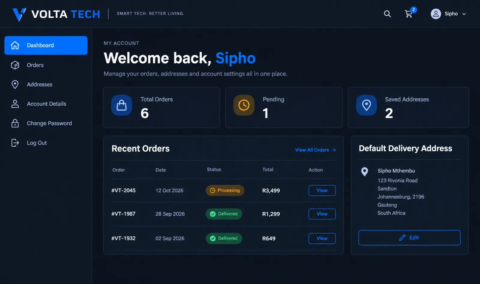 Example My Account dashboard with account navigation, a welcome message, order totals, a recent orders table with status badges and a default delivery address