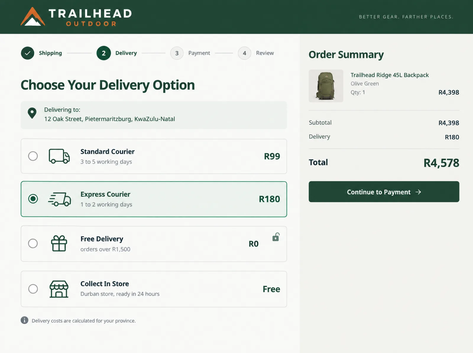 Example checkout delivery step with standard courier, express courier, free delivery and collect-in-store options, each with a rand price, and an order summary