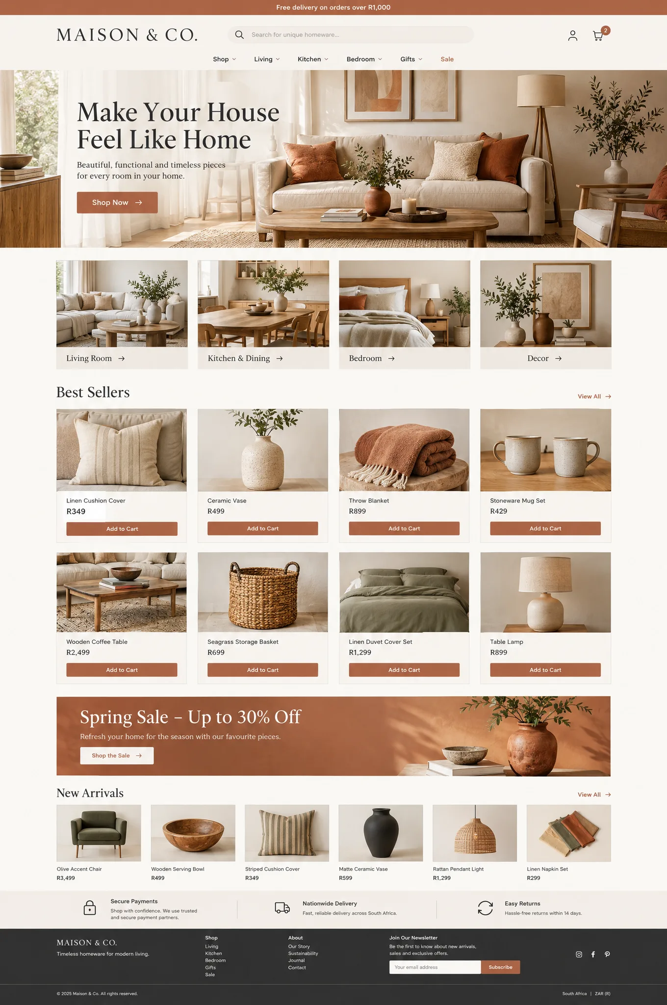 Example home page for a homeware store, with a living-room hero banner, category cards, a best-sellers grid with rand prices, a sale banner and trust icons