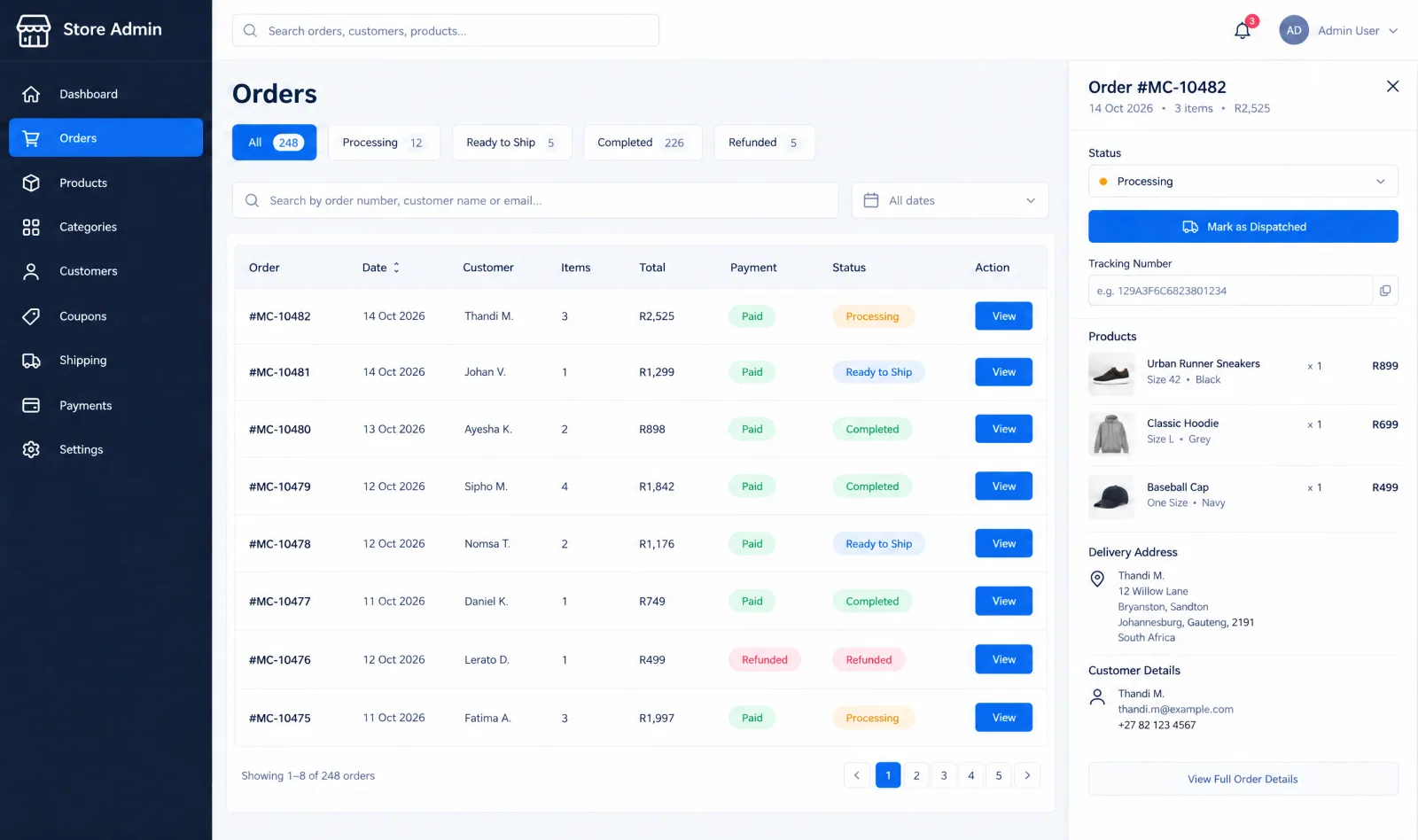 Example store admin orders screen with status tabs, a table of fictional orders showing totals, payment and fulfilment status, and an order detail panel with a status dropdown and tracking field