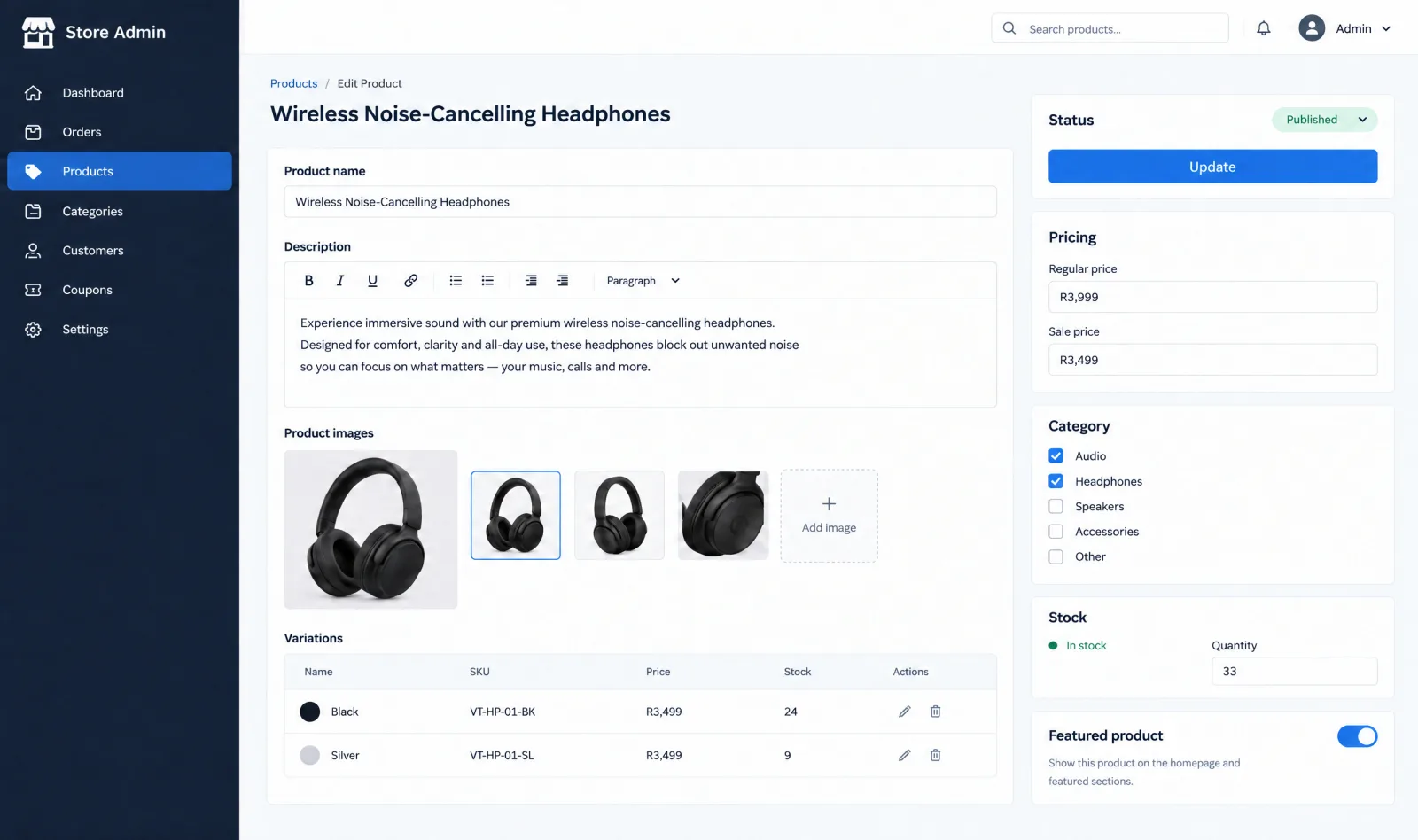 Example store admin Edit Product screen with the product name, description, images, a variations table with SKUs, prices and stock, sale pricing, categories and a featured toggle