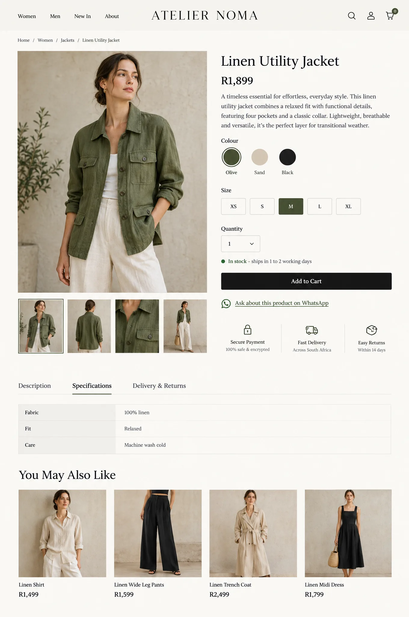 Example product page for a linen jacket, with an image gallery, rand price, colour and size options, a quantity selector, stock note, Add to Cart button, specifications and related products