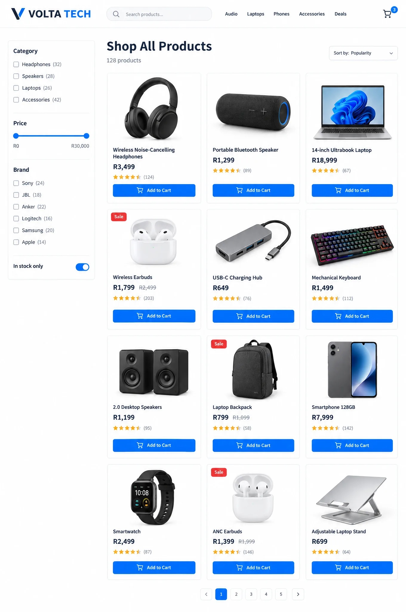 Example Shop page for an electronics store, with a search bar, category and price filters, sorting and a grid of headphones, speakers, laptops and accessories with rand prices and Add to Cart buttons