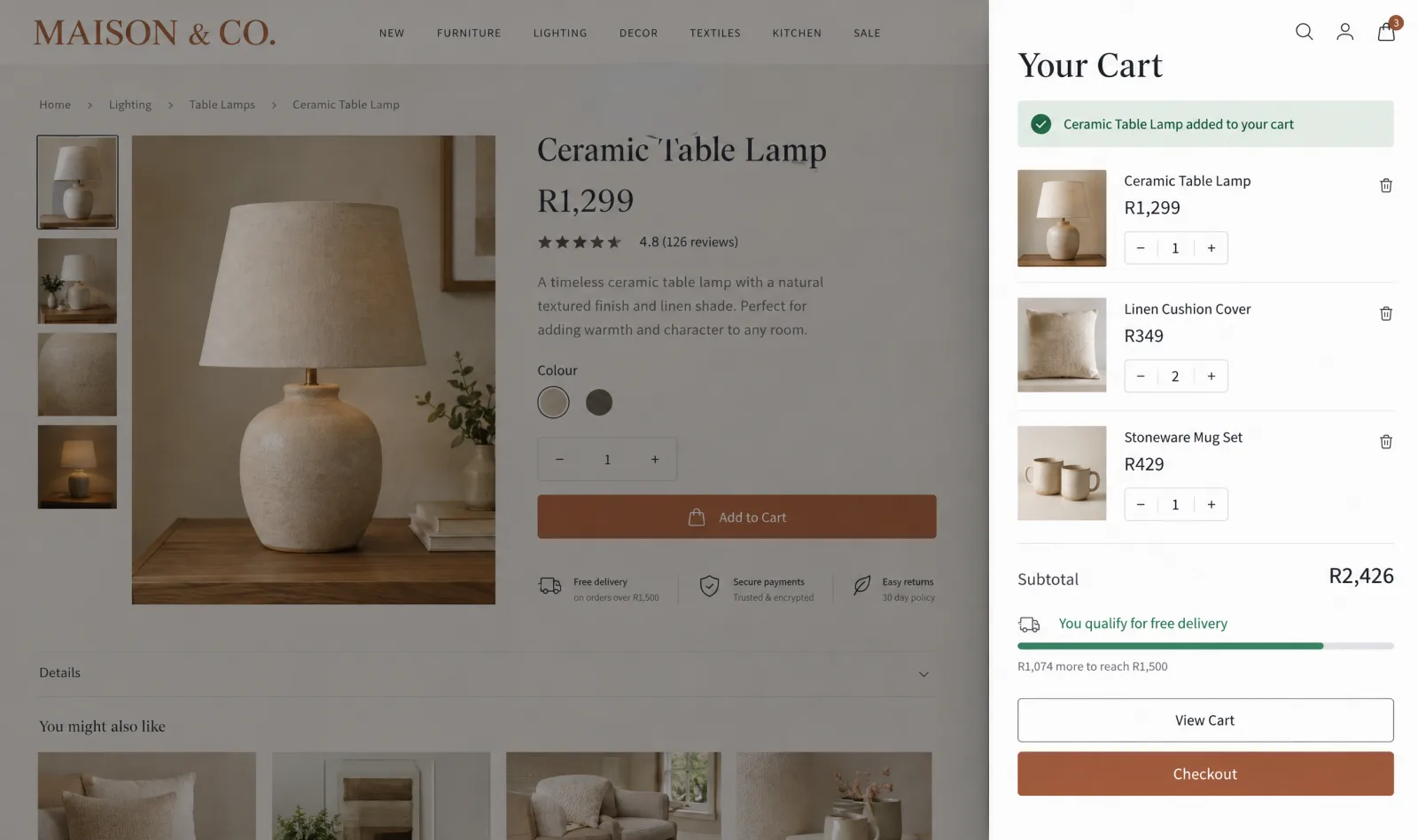 Example product page with a slide-out cart open on the right, showing the item just added, three products, a subtotal, a free-delivery note and a Checkout button