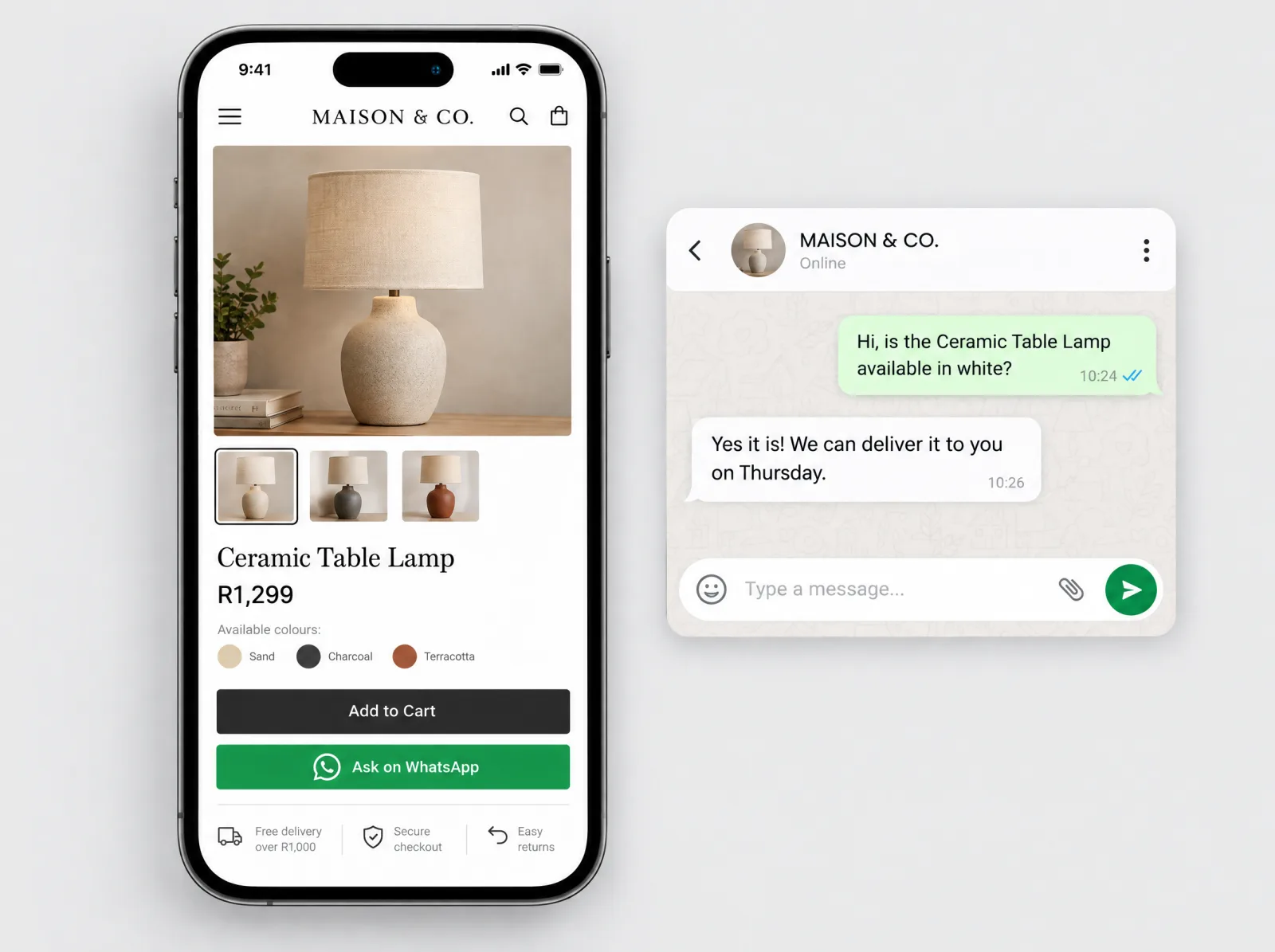 Example product page on a phone with an Ask on WhatsApp button, next to a WhatsApp-style chat about stock and delivery