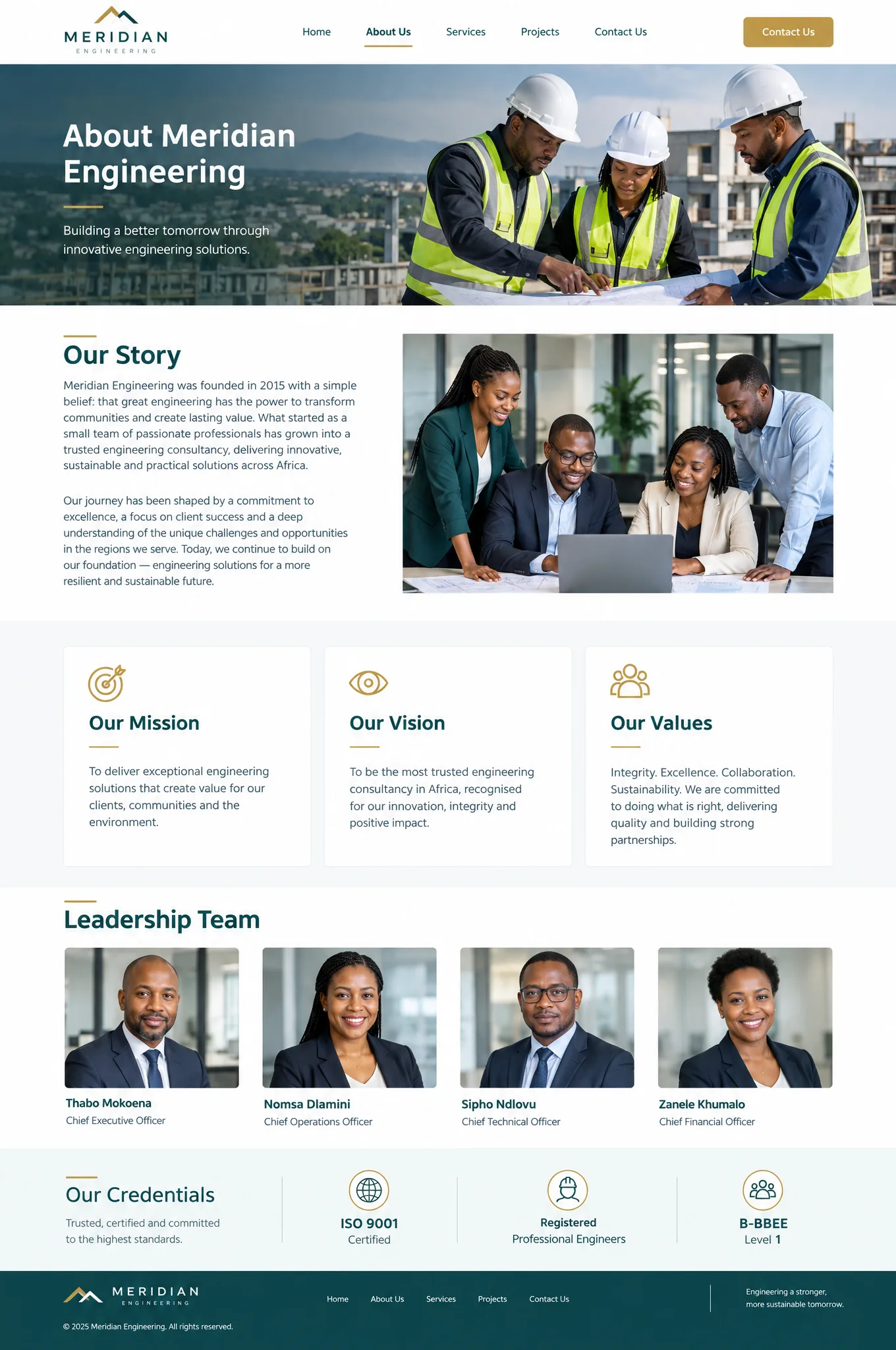 Example About Us page for an engineering consultancy, with a company story, mission, vision and values cards, a leadership team row and credentials