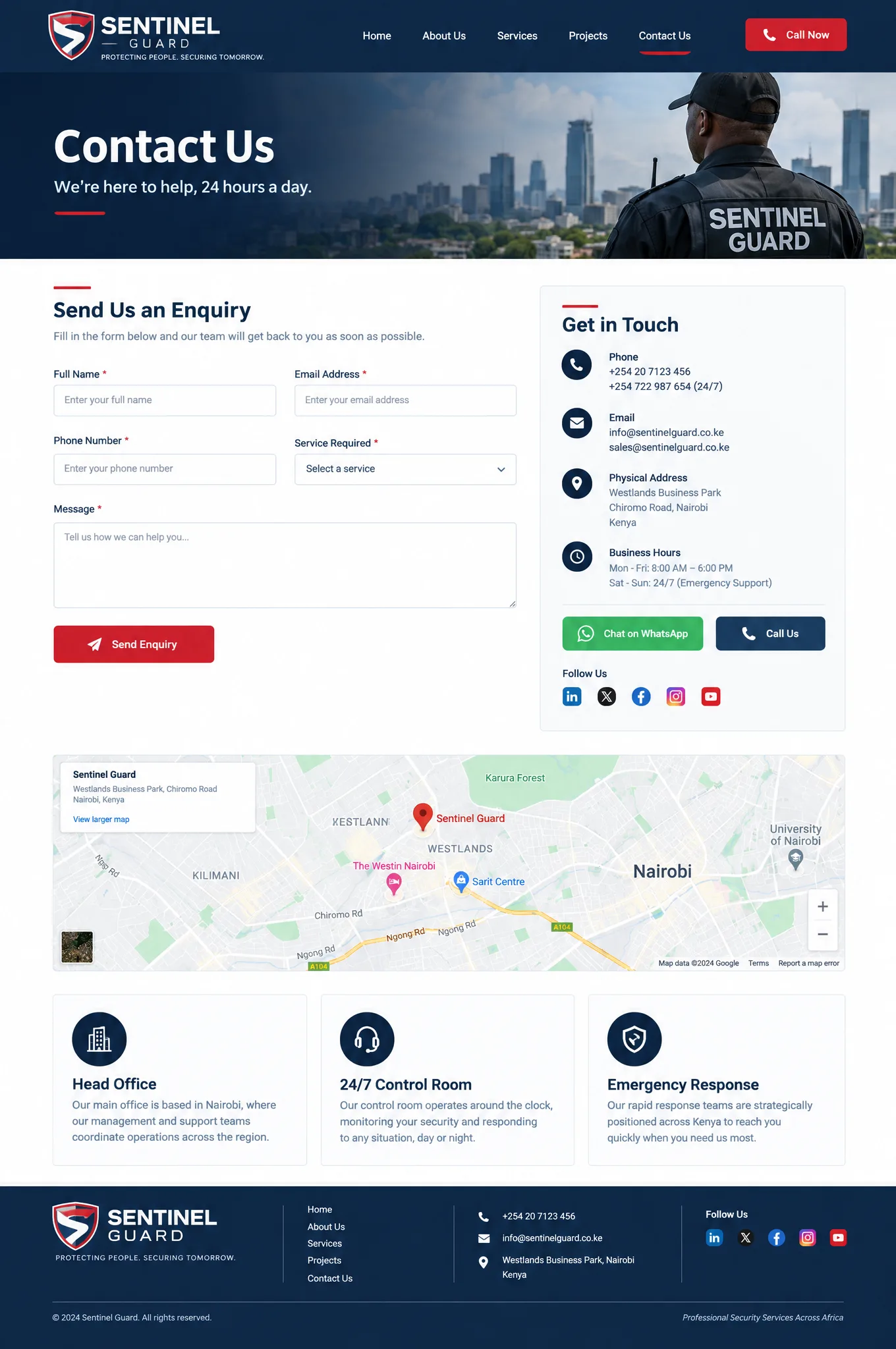 Example Contact Us page for a security company, with an enquiry form, contact details, WhatsApp and call buttons, a location map and office information