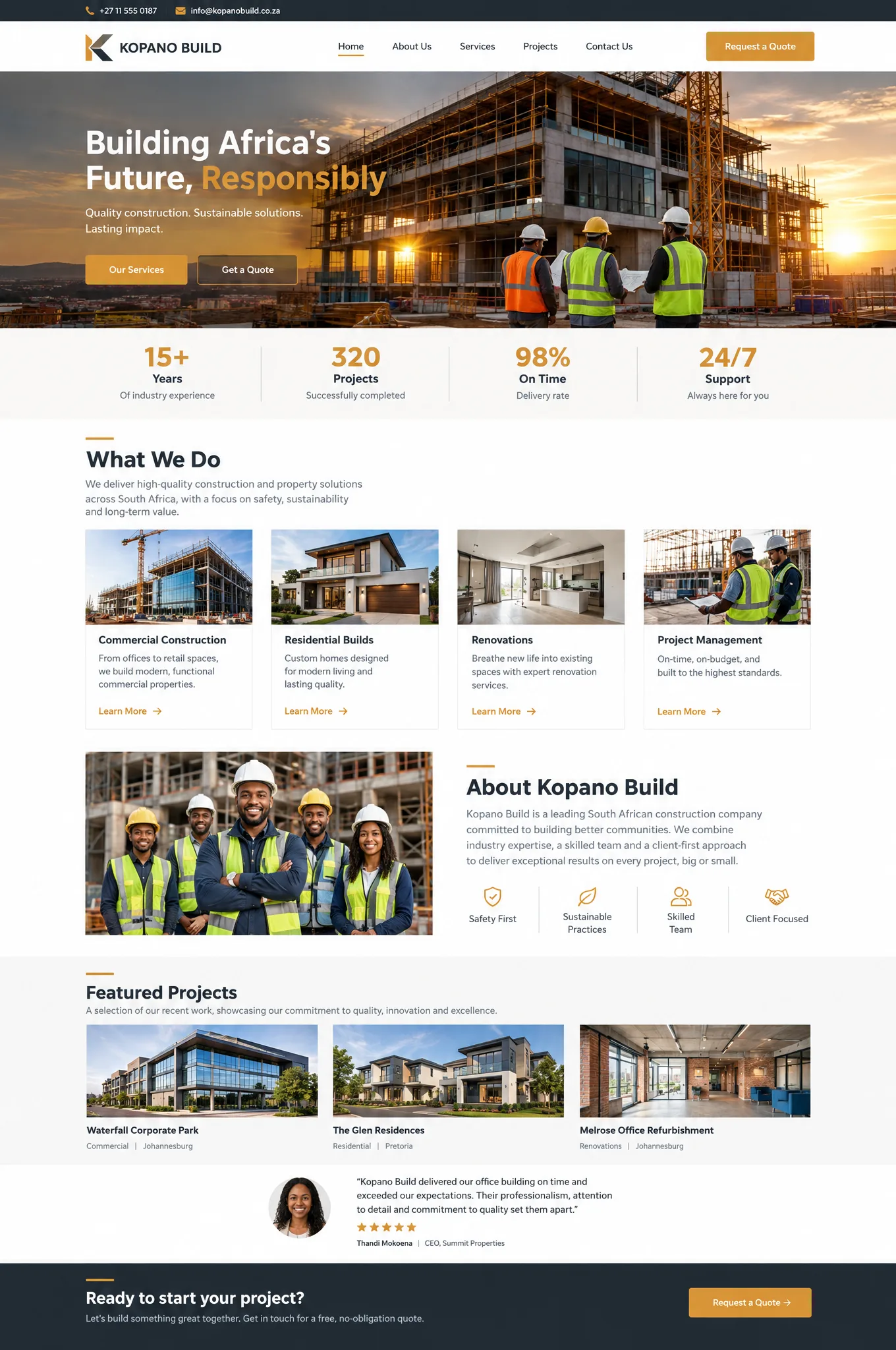 Example home page for a construction company, with a hero photograph of a building under construction, trust figures, service cards, a company introduction, featured projects and a testimonial