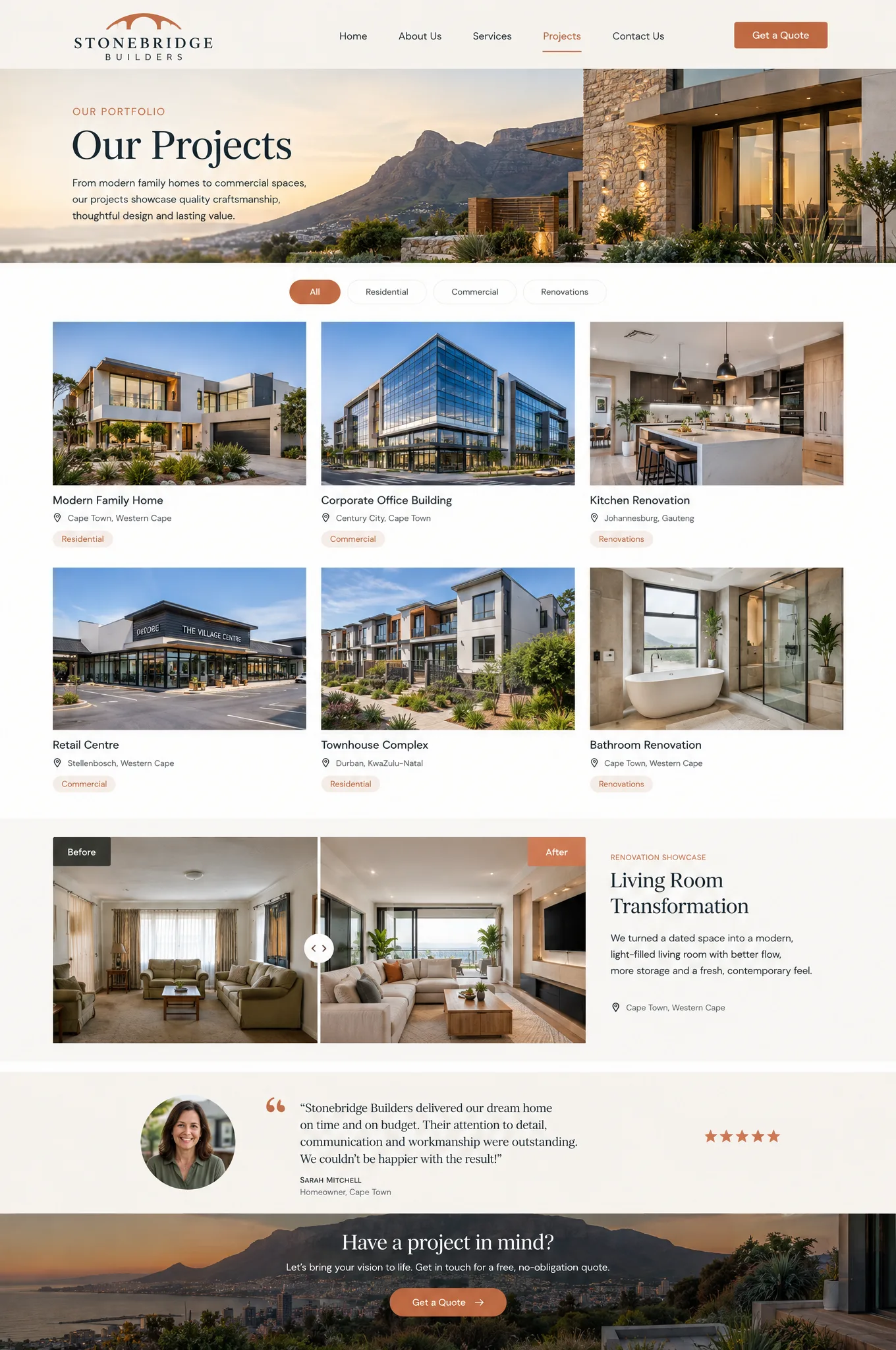Example Projects page for a construction and renovation company, with filter tabs, a grid of six completed projects, a before-and-after comparison and a client testimonial