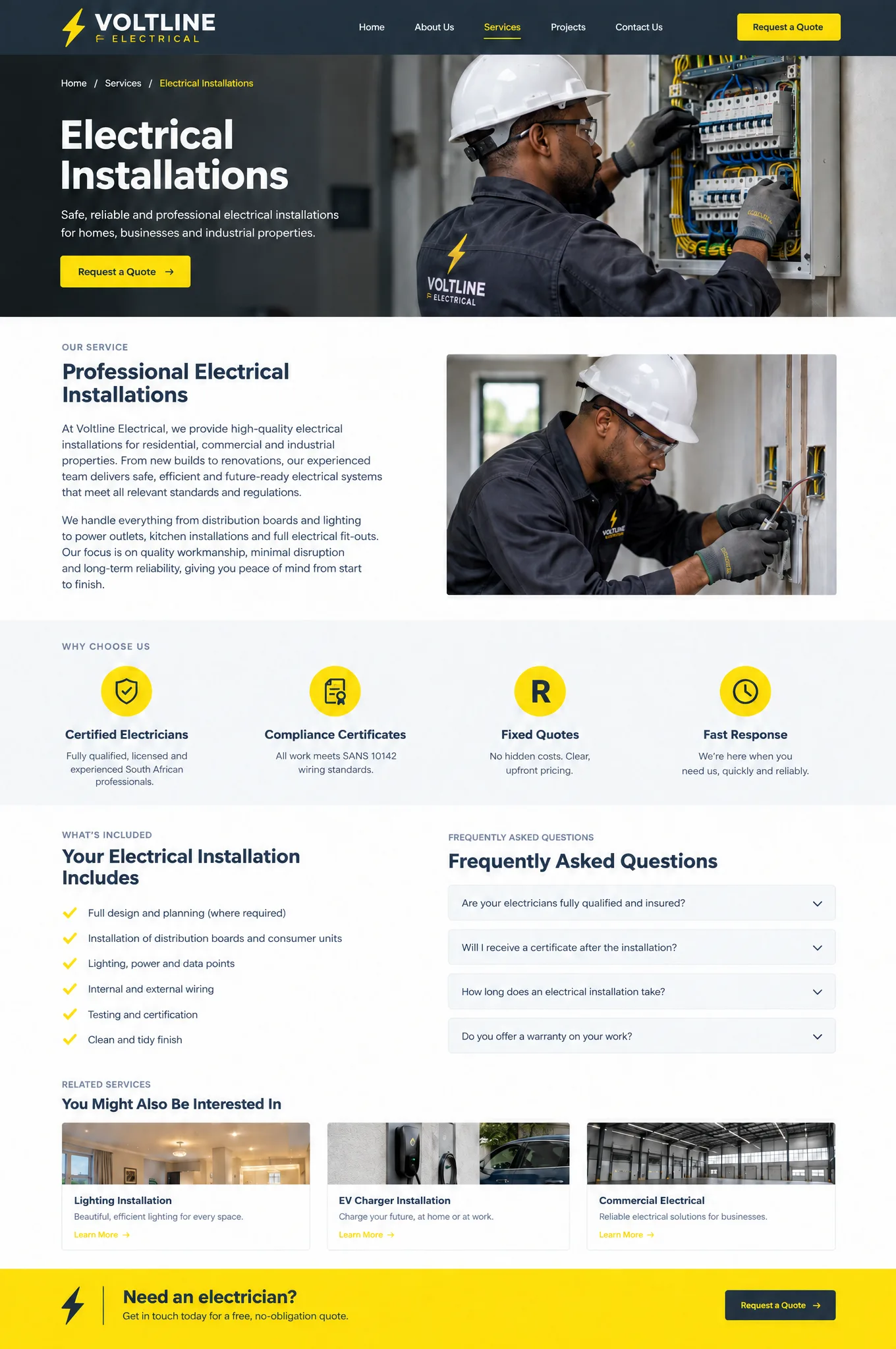 Example individual service page for electrical installations, with a hero photograph, detailed service information, benefits, a checklist, an FAQ and a Request a Quote button