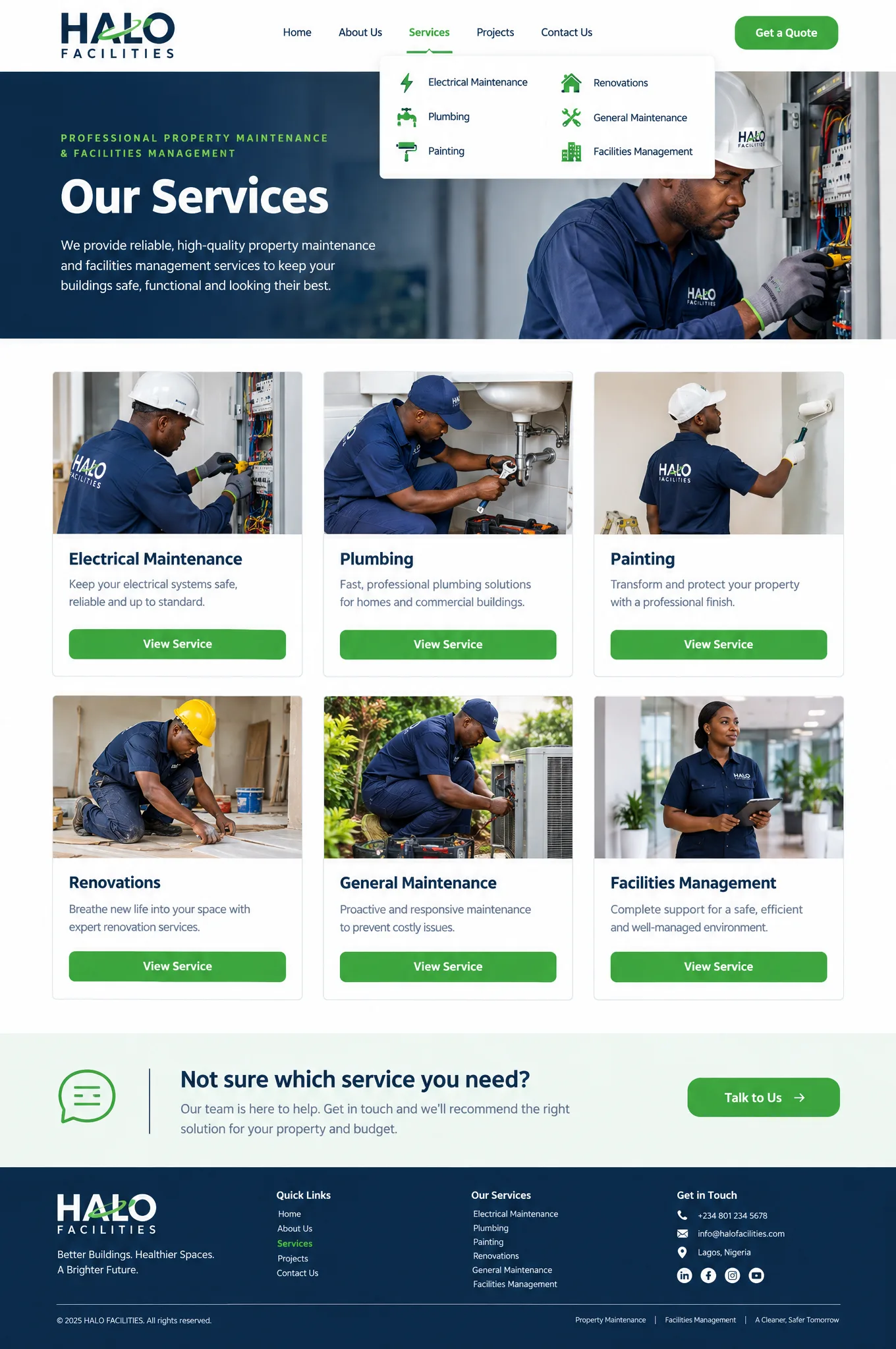 Example Services page for a facilities management company, with an open mega menu and a grid of six service cards, each with a photograph and a View Service button
