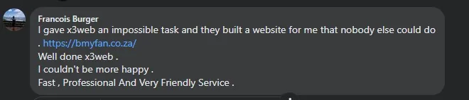 A screenshot of a glowing review praising X3Web's exceptional website design services, showcasing the satisfaction and appreciation of a delighted client who experienced the excellence and professionalism of X3Web's team.