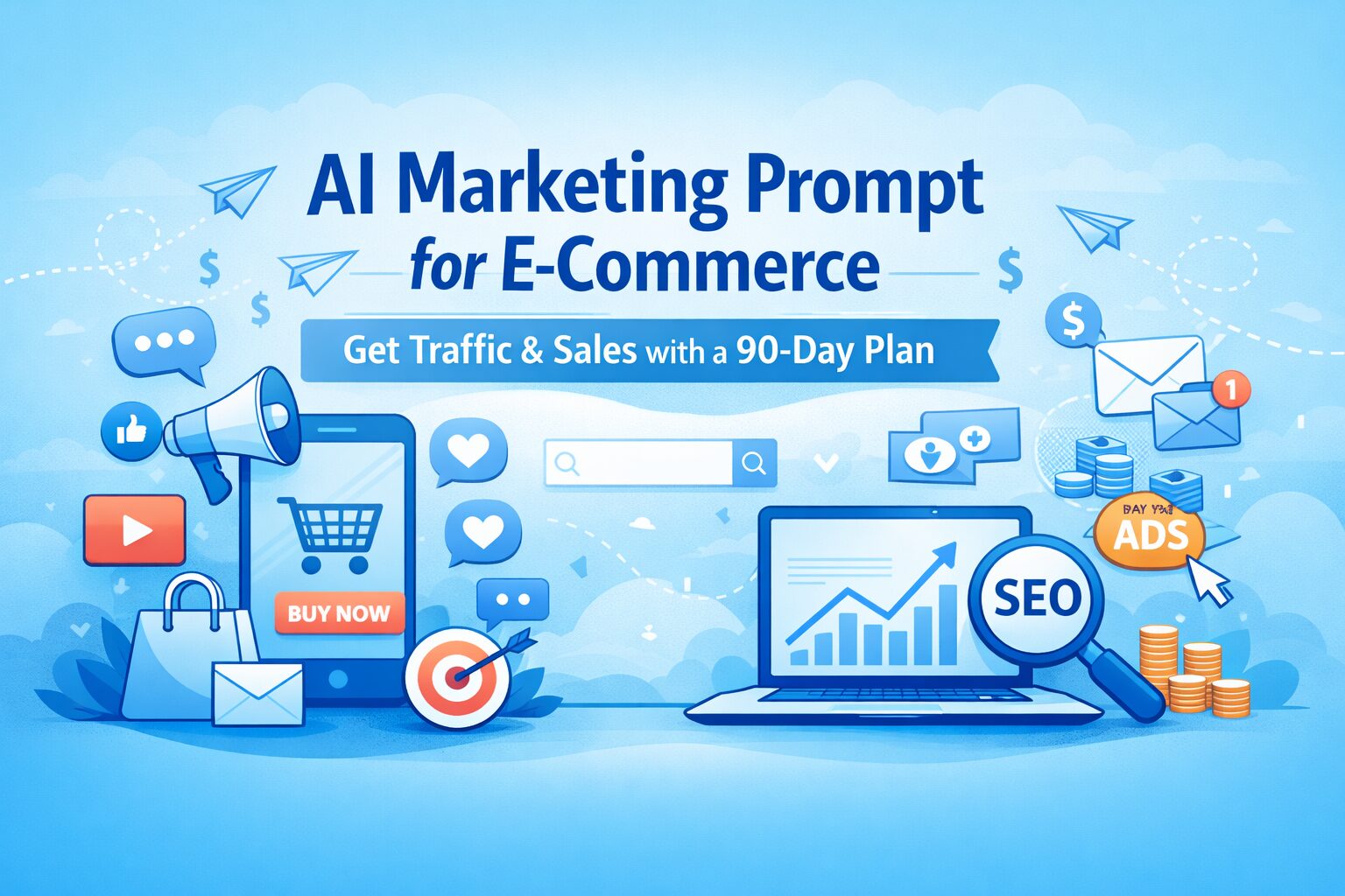 AI marketing prompt for e-commerce featured image showing TikTok, Reels, SEO, email marketing, paid ads, and a 90-day plan to drive traffic and sales to an online store.