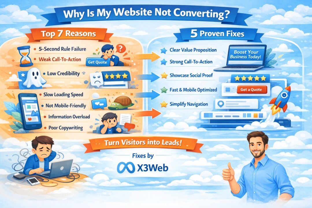 Infographic showing why is my website not converting and how to fix a low conversion rate.